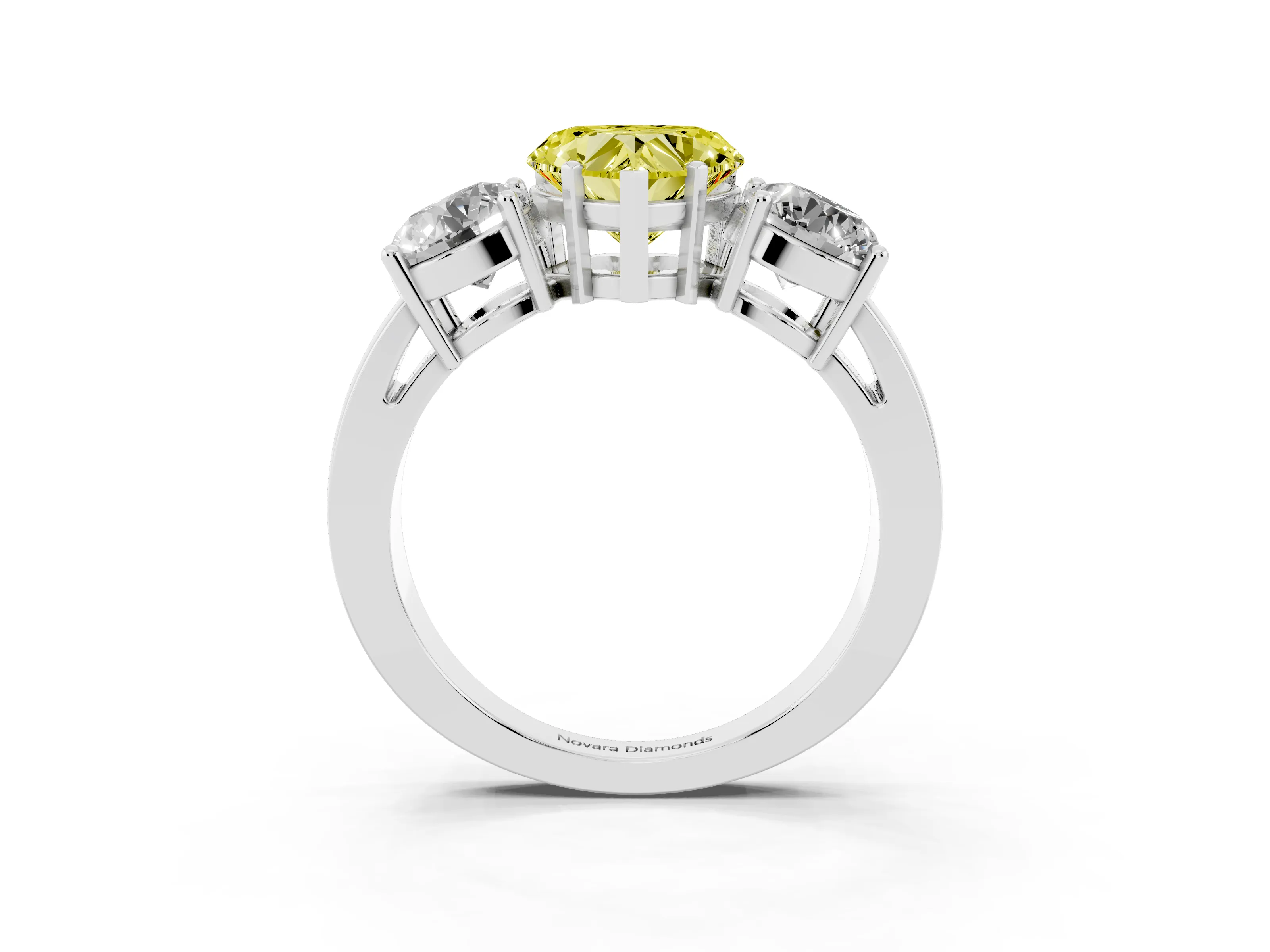 Fancy Yellow Heart Cut Diamond Three-Stone Ring Set in White gold with Round Side Stones and Classic Band
