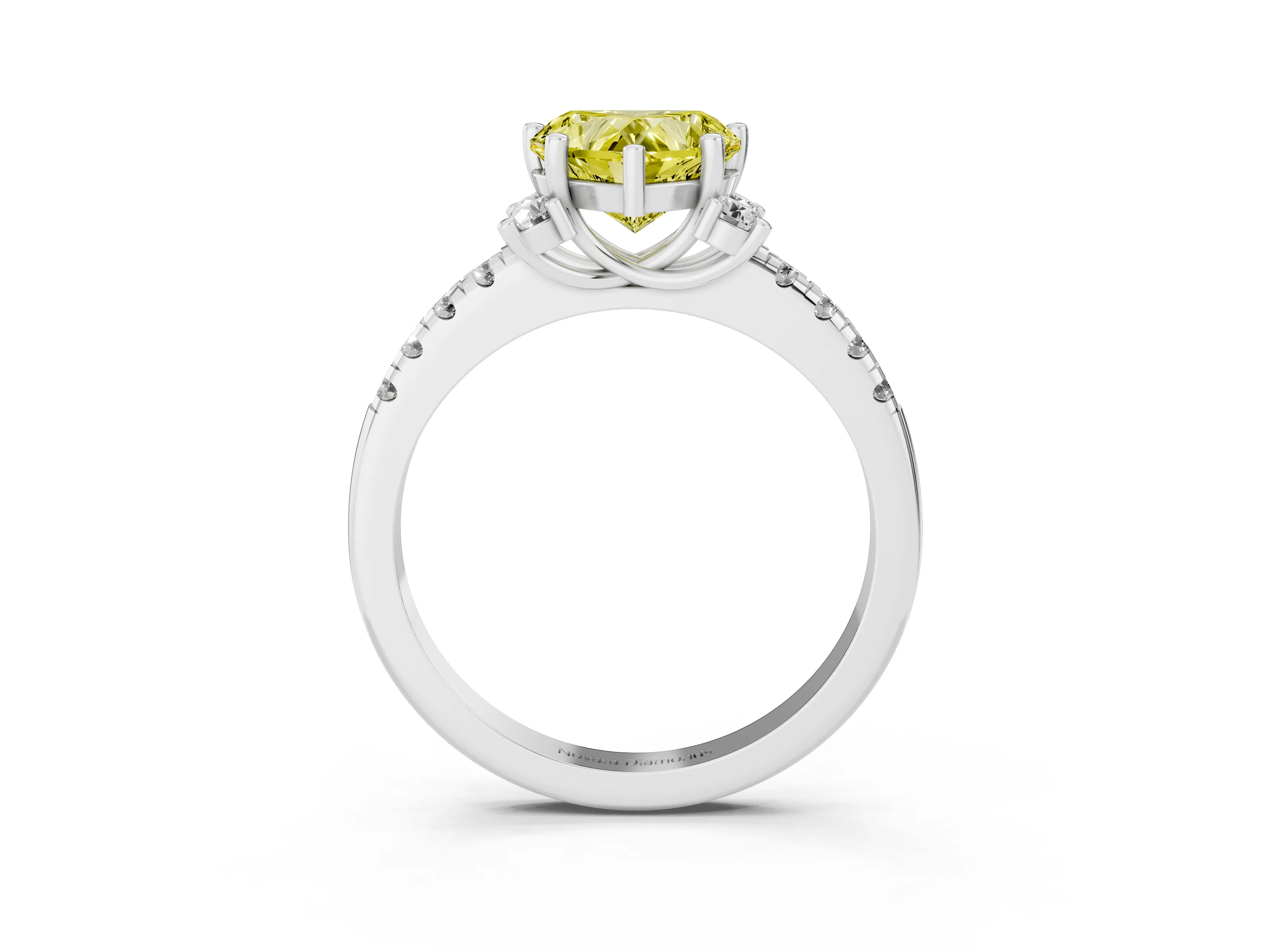 Fancy Yellow Heart Cut Diamond Three-Stone Pavé Ring Set in Silver with Prong Setting