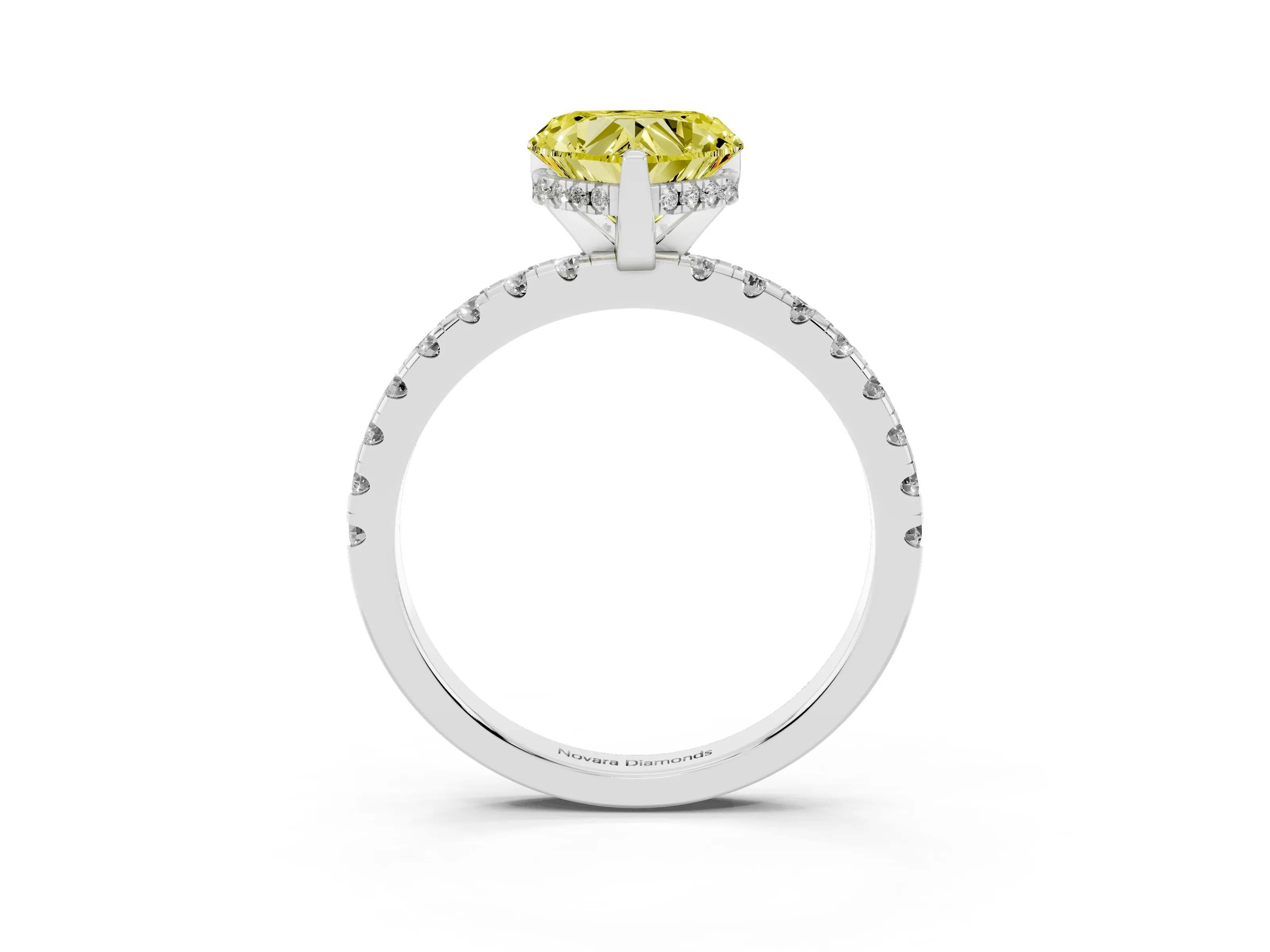 Fancy Yellow Heart Cut Diamond Pavé Solitaire Ring Set in White gold with Round Band Accents and Prong Setting