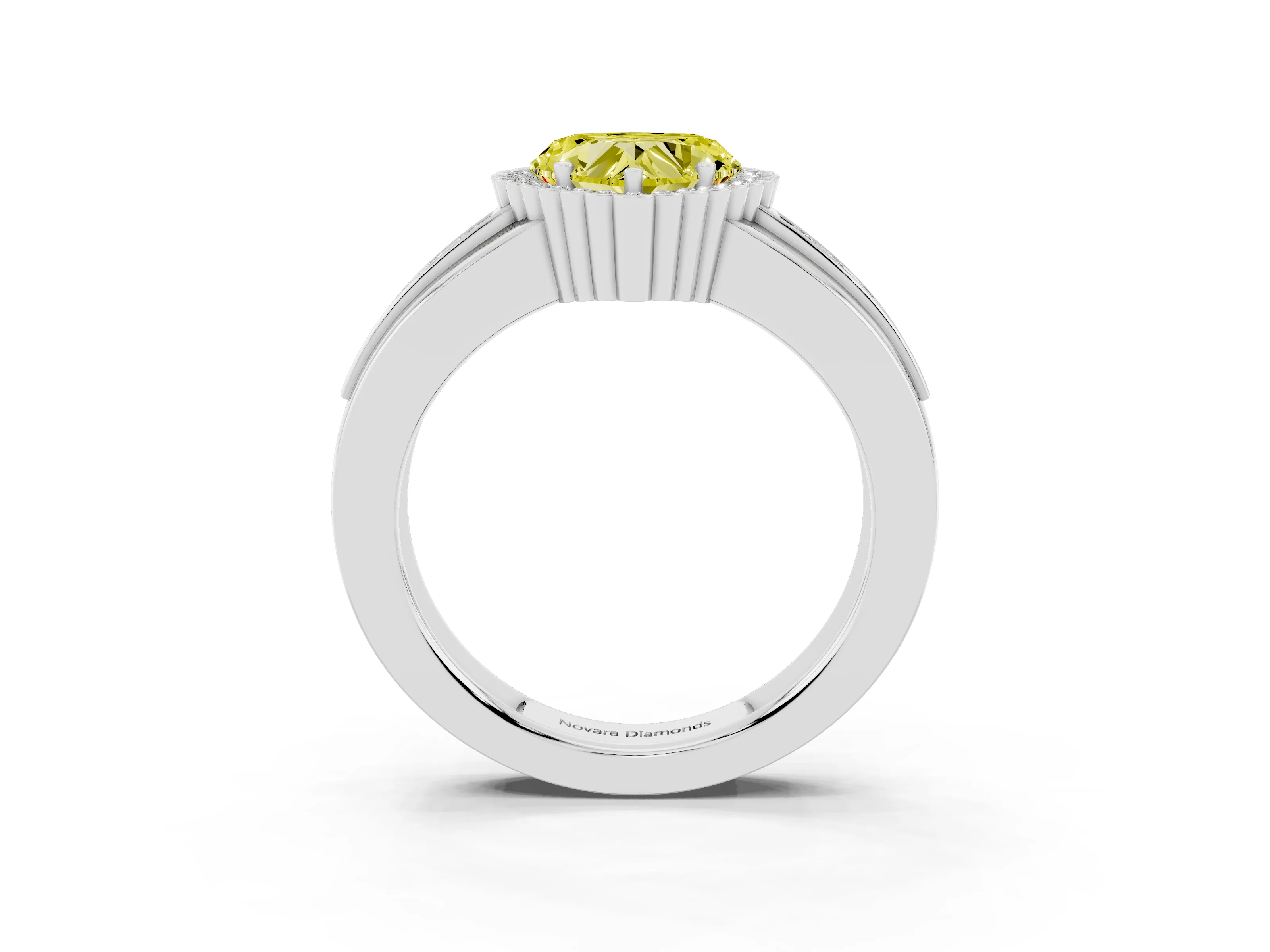 Fancy Yellow Heart Cut Diamond Halo Prong Ring Set in Platinum with Pavé Band