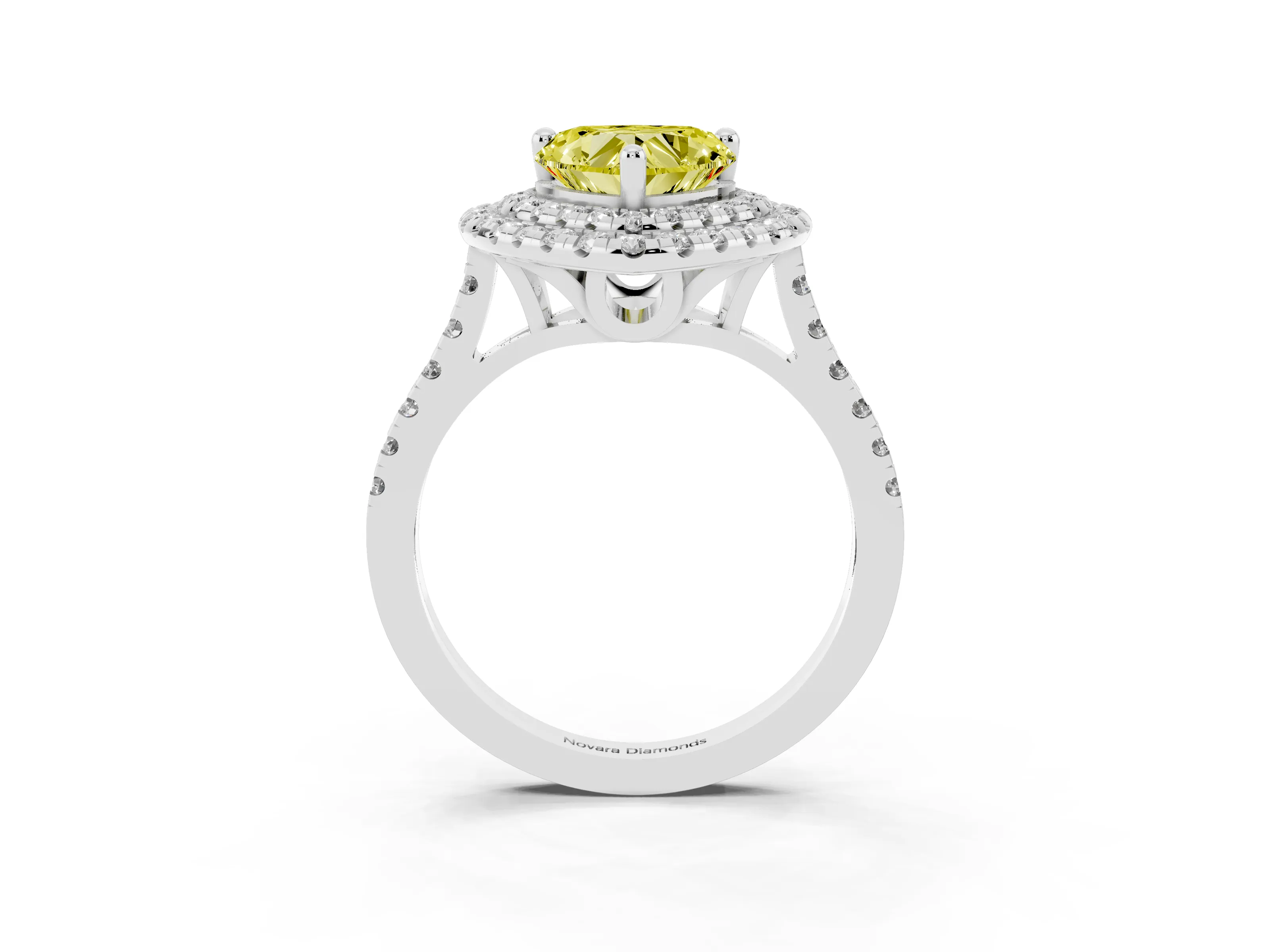 Fancy Yellow Heart Cut Diamond Double Halo Statement Ring Set in Silver with Pavé Band
