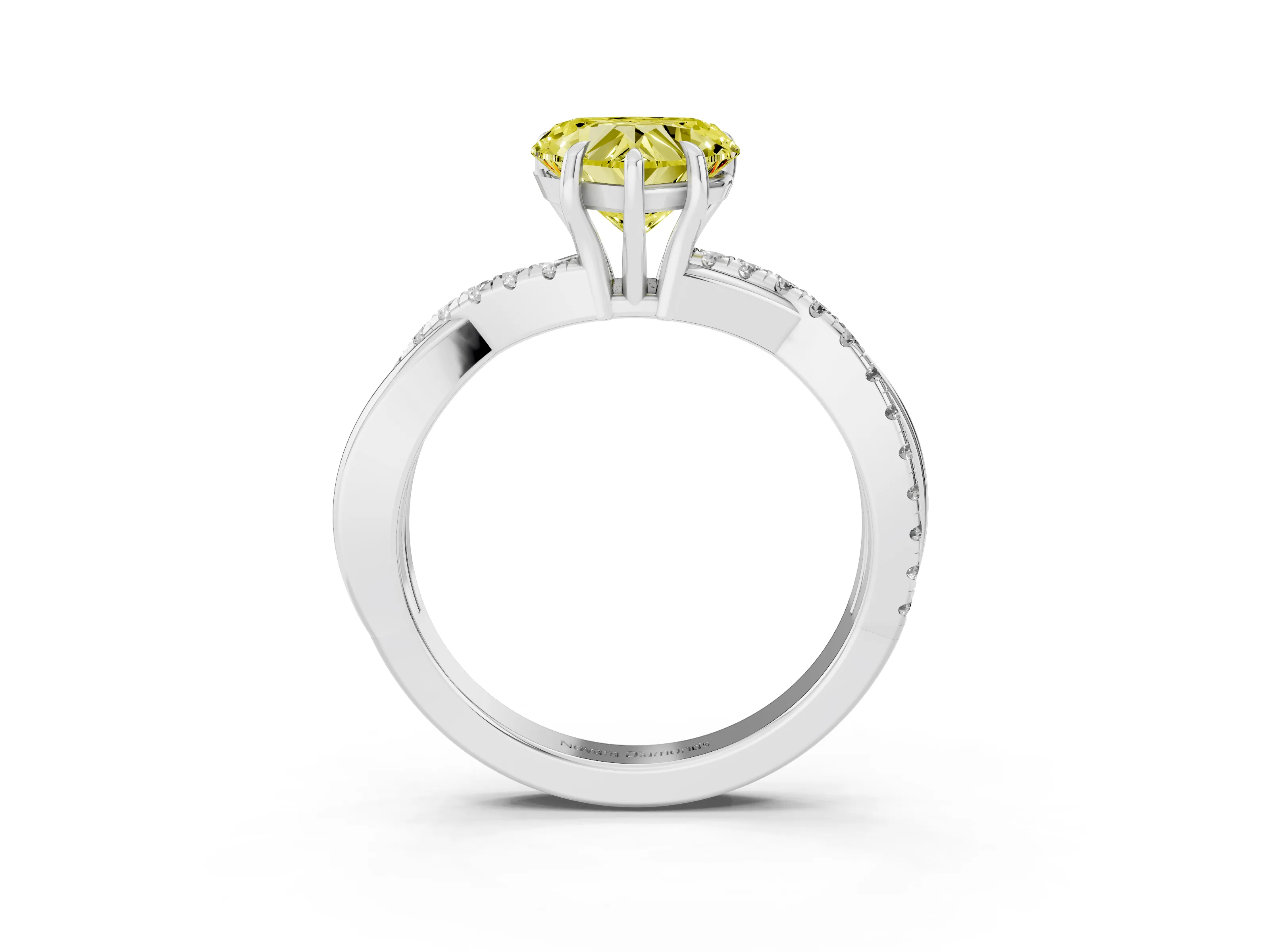 Fancy Yellow Heart Cut Diamond Twisted Pavé Band Ring Set in Platinum with Prong Setting