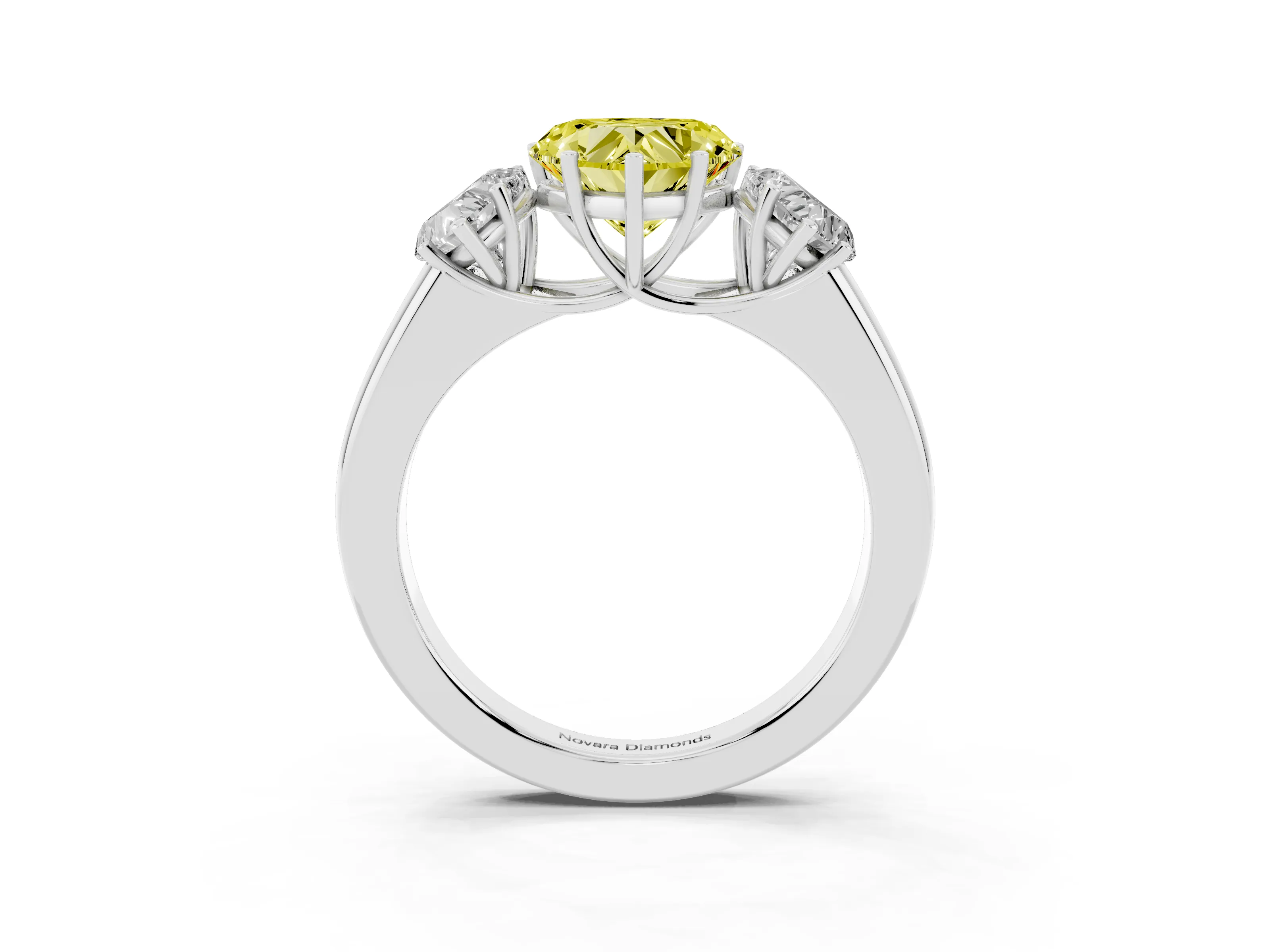Fancy Yellow Three-Stone Heart Cut Diamond Ring Set in Silver with Matching Prong Settings and Plain Band