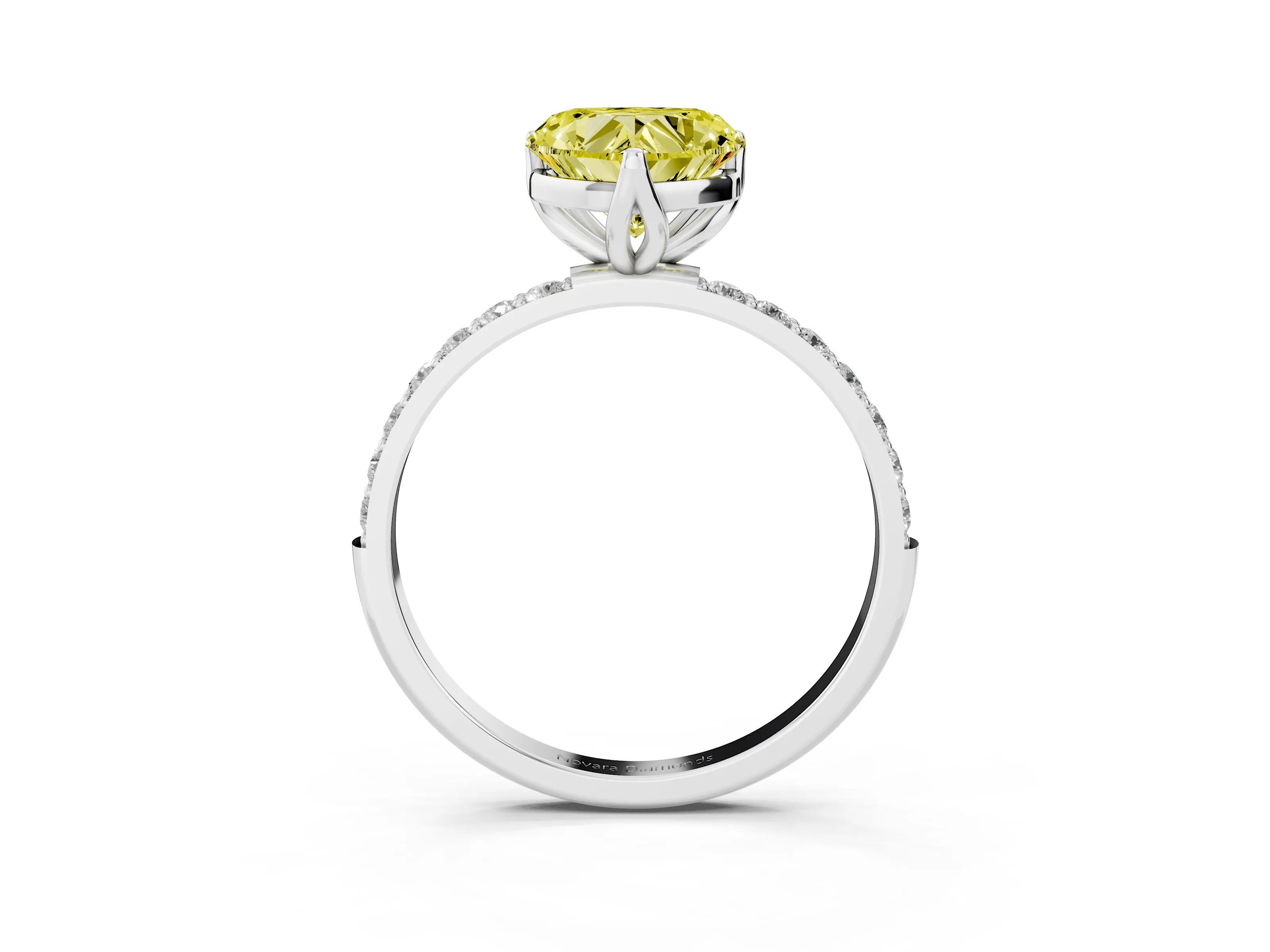 Fancy Yellow Heart Cut Diamond Solitaire Engagement Ring Set in Platinum with Round Pavé Band and Prong Setting