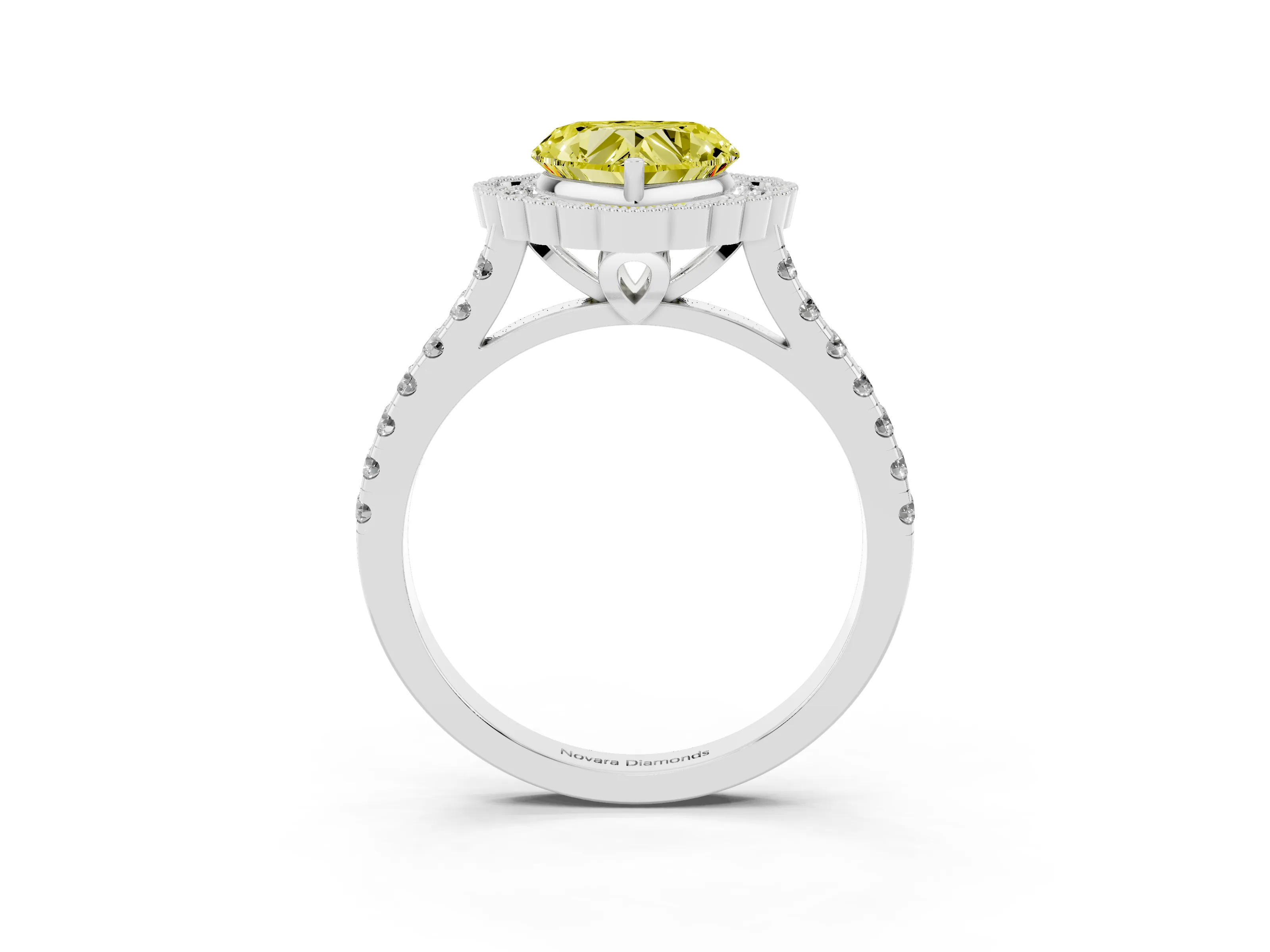 Fancy Yellow Heart Cut Diamond Milgrain Floral Halo Engagement Ring Set in White gold with Pavé Band