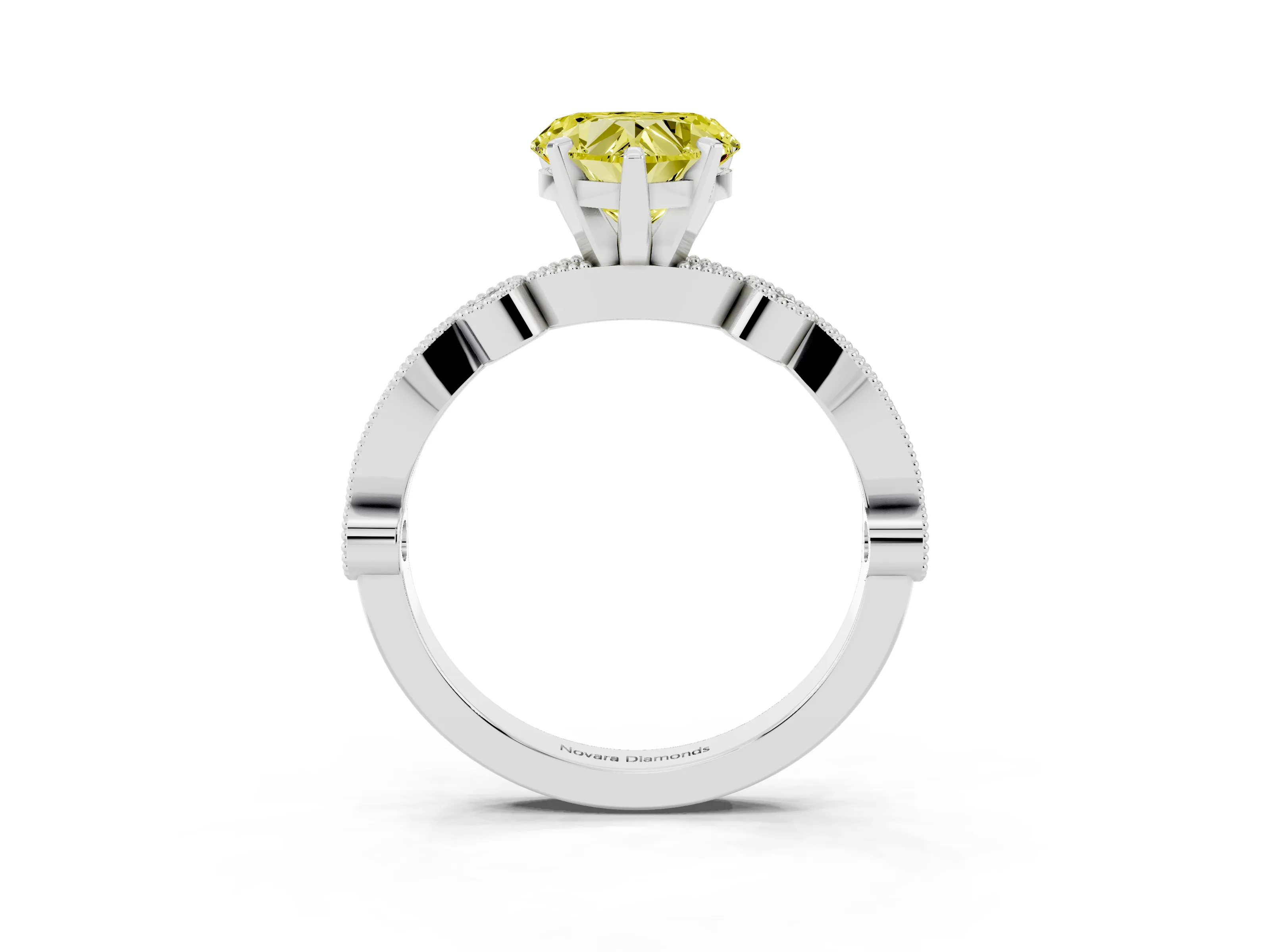 Fancy Yellow Heart Cut Diamond Solitaire Engagement Ring Set in Silver with Milgrain Bezel Accent Band