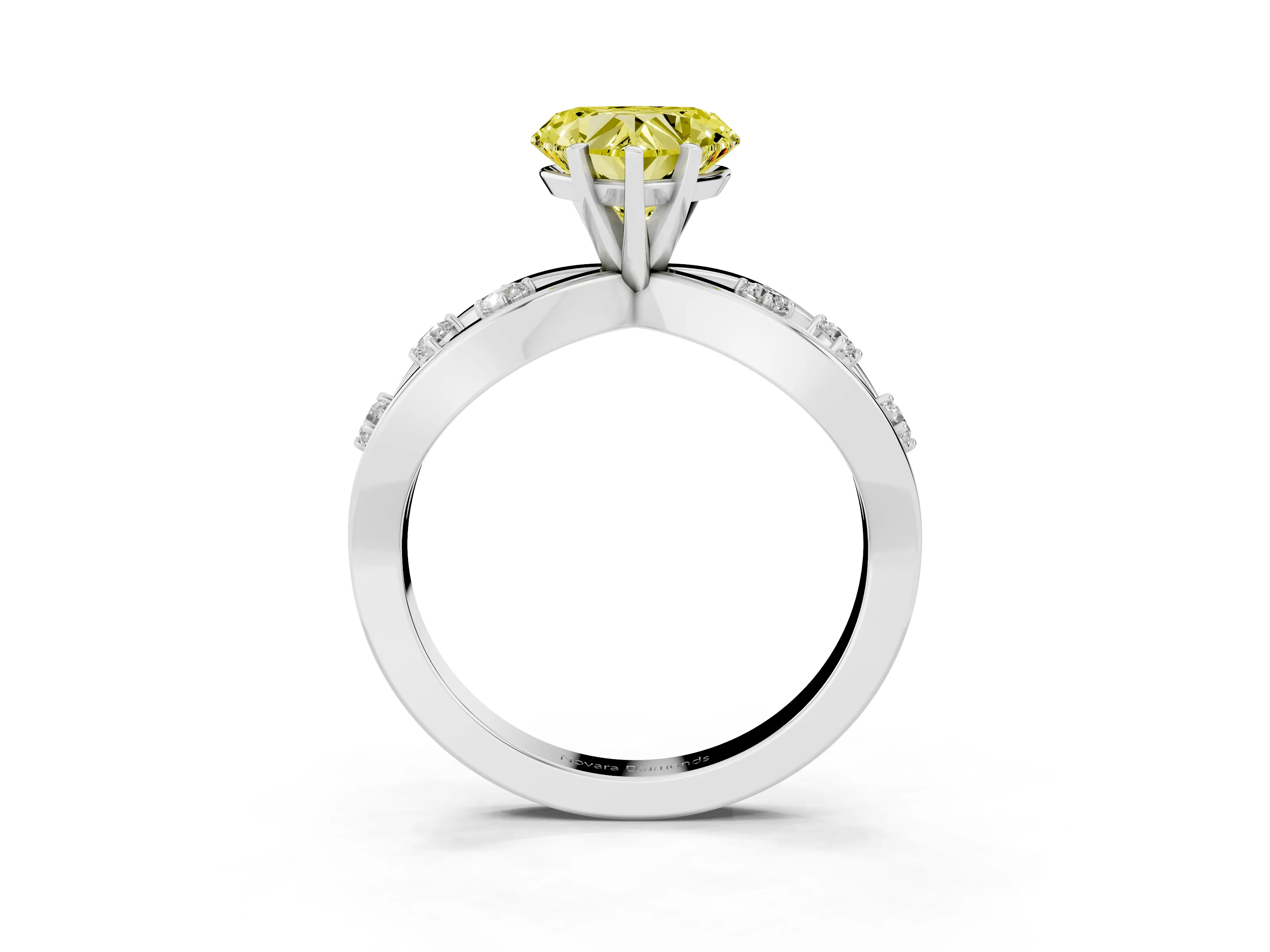 Fancy Yellow Heart Cut Diamond Solitaire Ring Set in Silver with Side Stones on Criss-Cross Band and Prong Setting