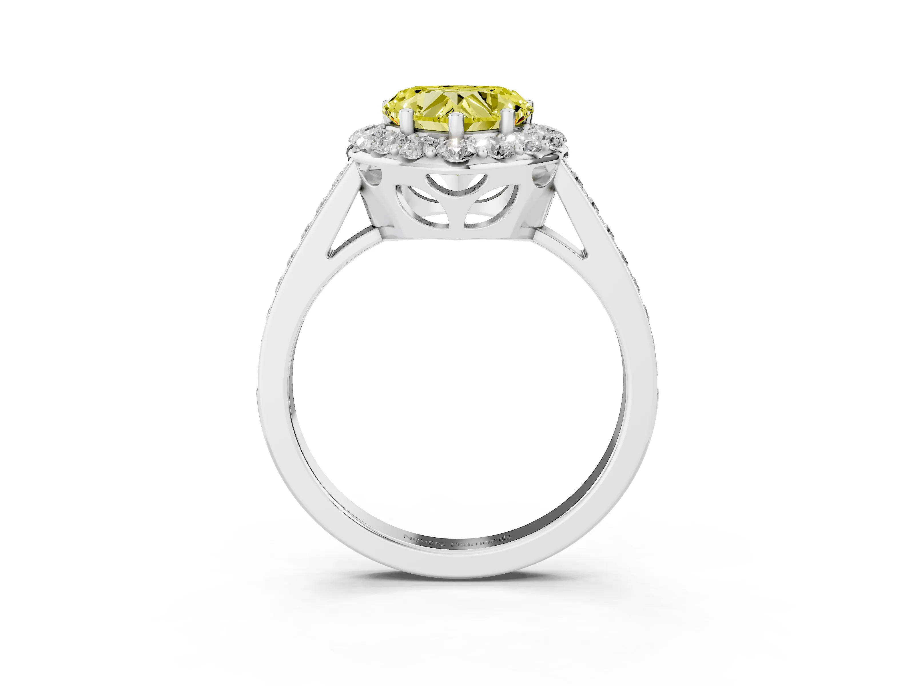 Fancy Yellow Heart Cut Diamond Floral Halo Ring Set in White gold with Pavé Band and Prong Setting
