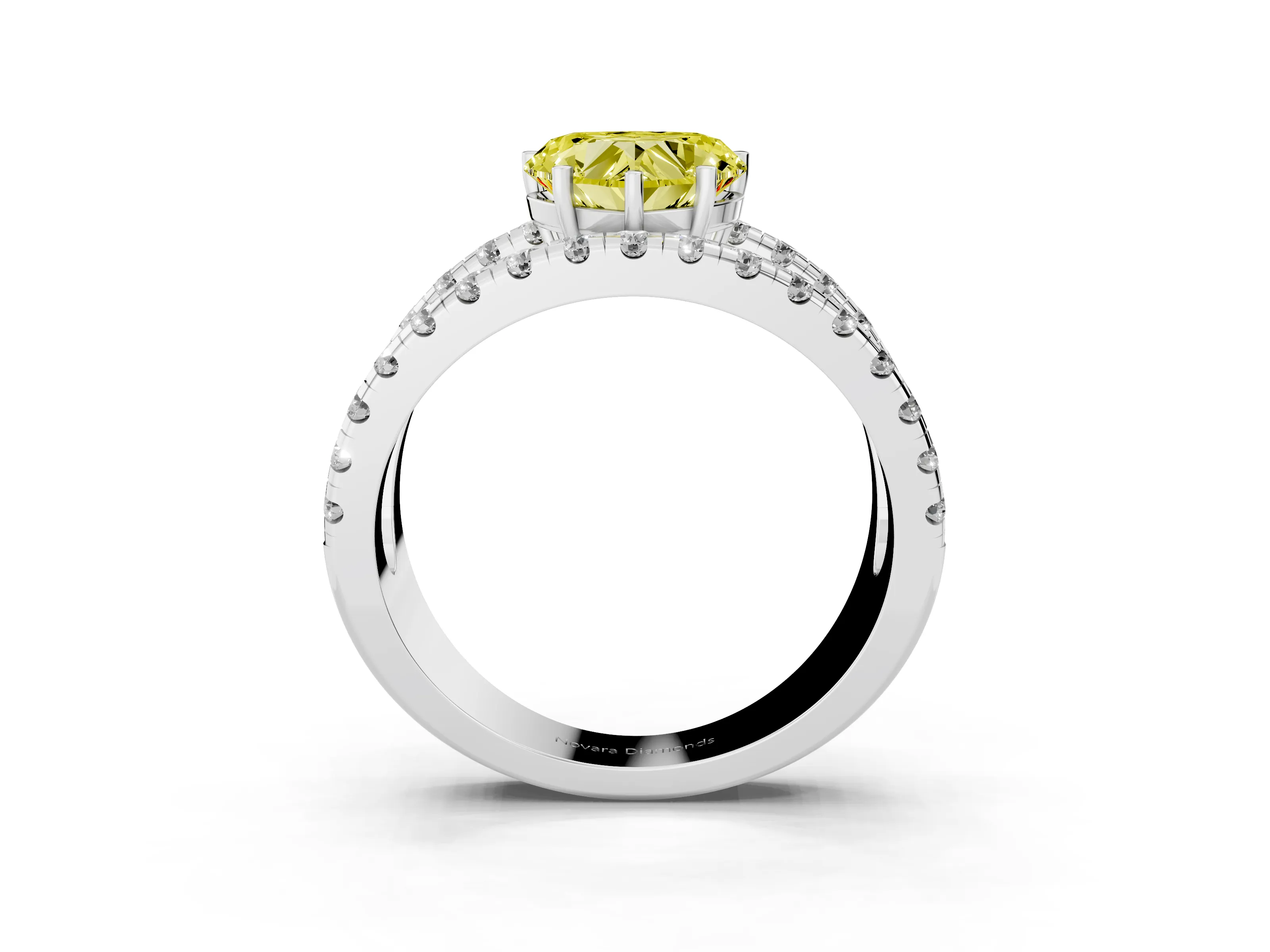 Fancy Yellow Heart Cut Diamond Split Shank Pavé Solitaire Ring Set in Platinum with Open Shank Design
