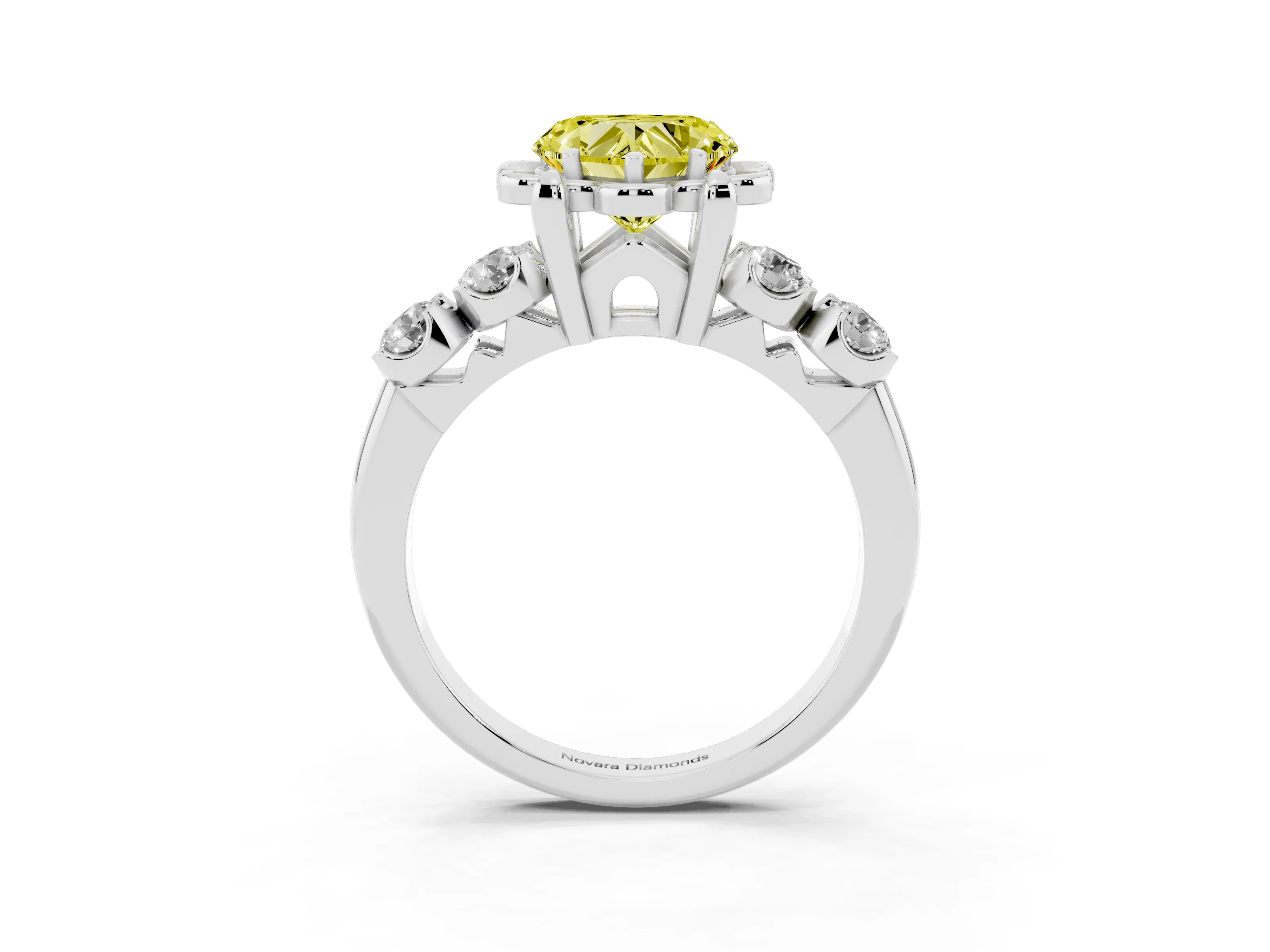 Fancy Yellow Heart Cut Diamond Floral Halo Ring Set in Platinum with Shared Prong Band