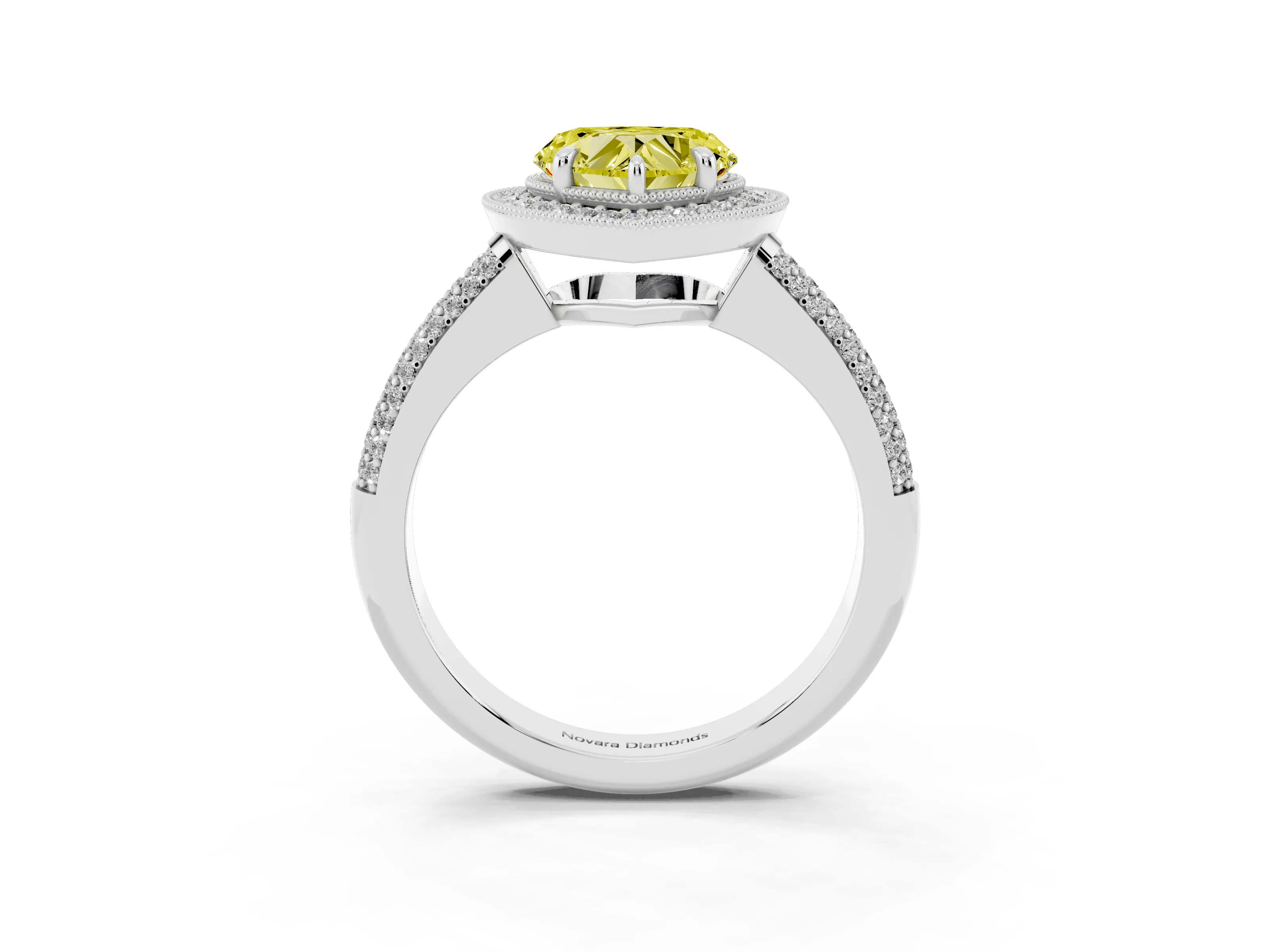 Fancy Yellow Heart Cut Diamond Halo Pavé Band Set in Silver with Prong Setting