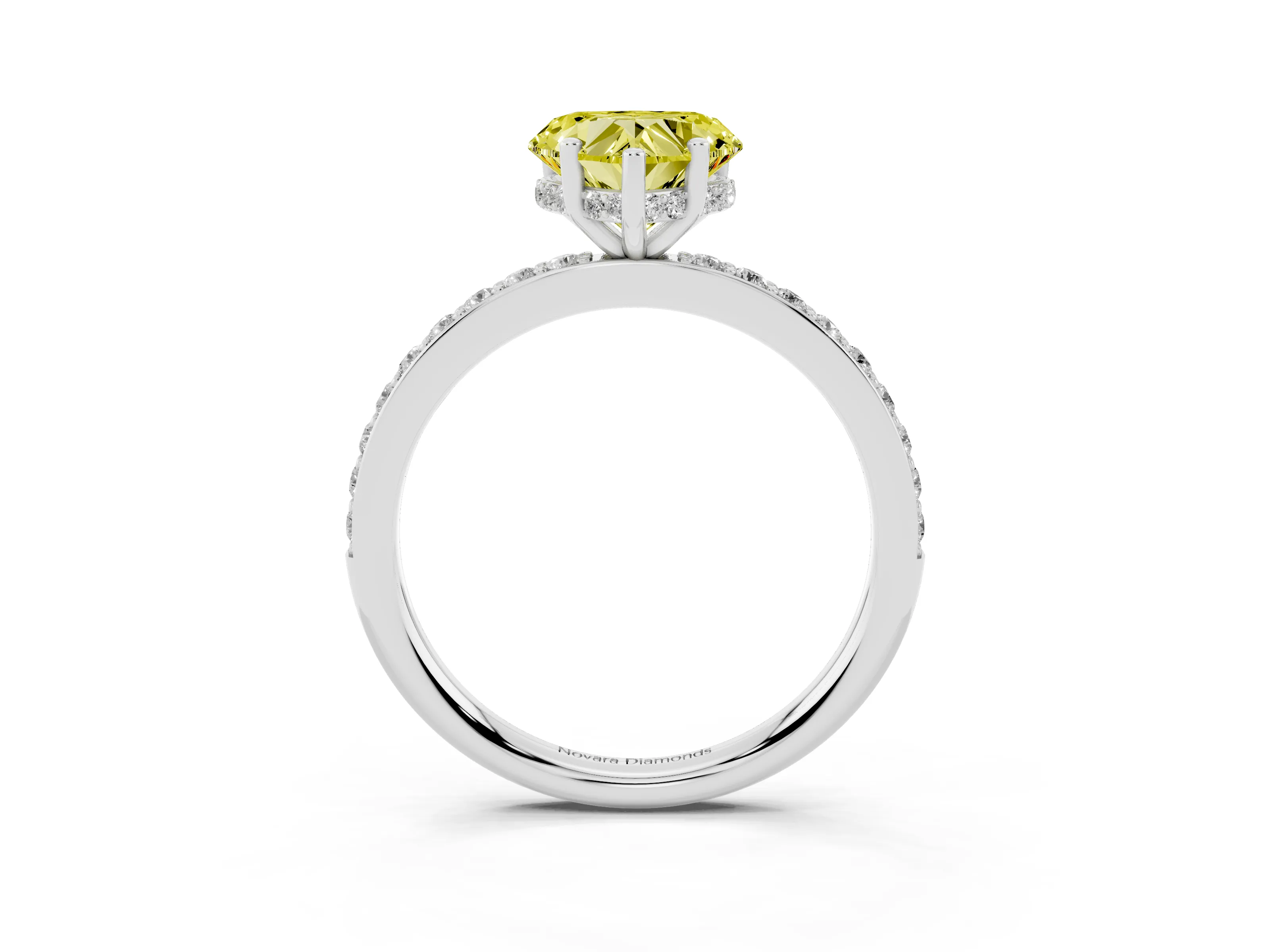 Fancy Yellow Heart Cut Diamond Pavé Band Ring Set in White gold with Prong-Set Center Stone