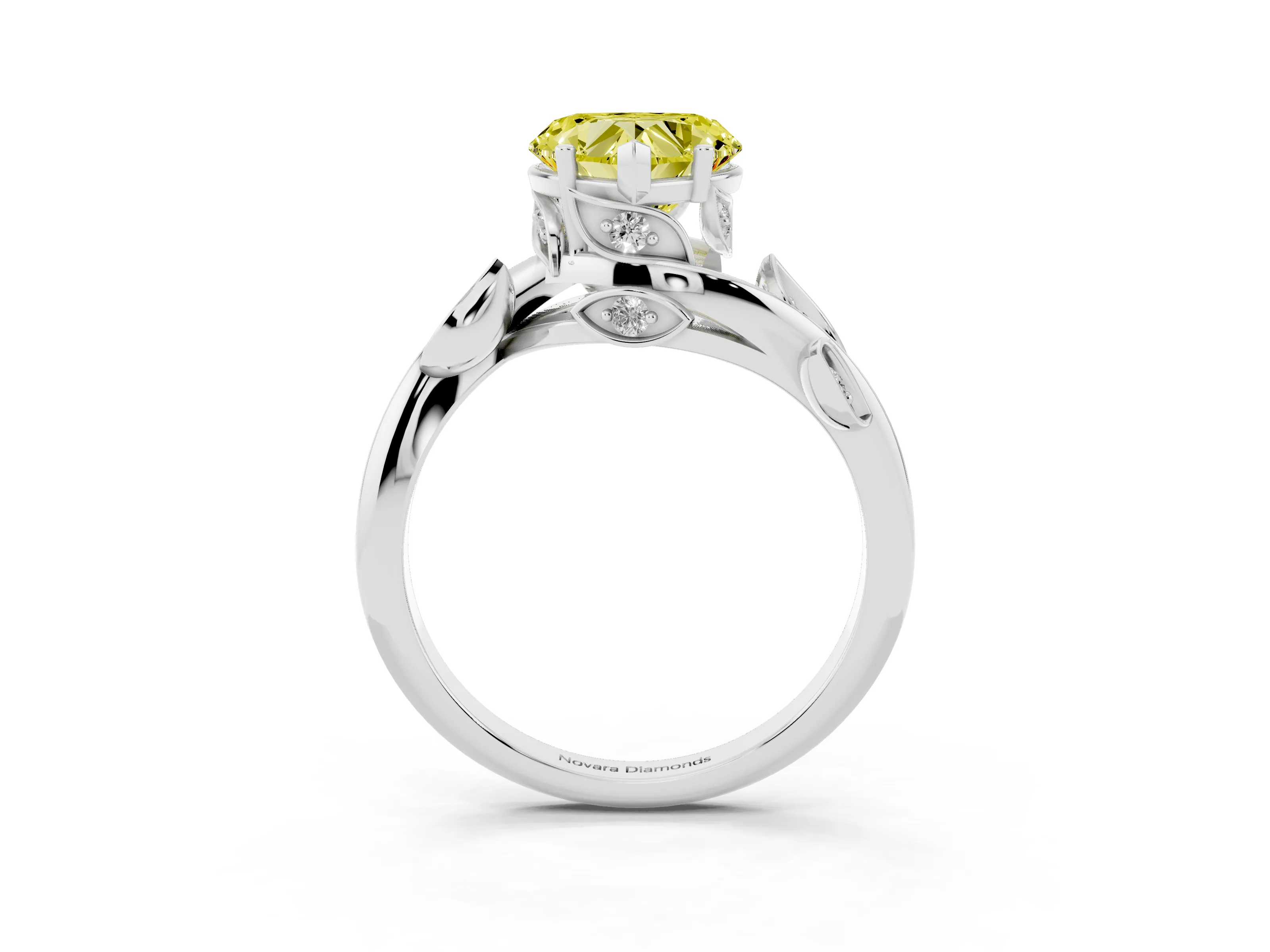 Fancy Yellow Heart Cut Diamond Solitaire Twist Engagement Ring Set in Silver with Pavé Leaf Accents