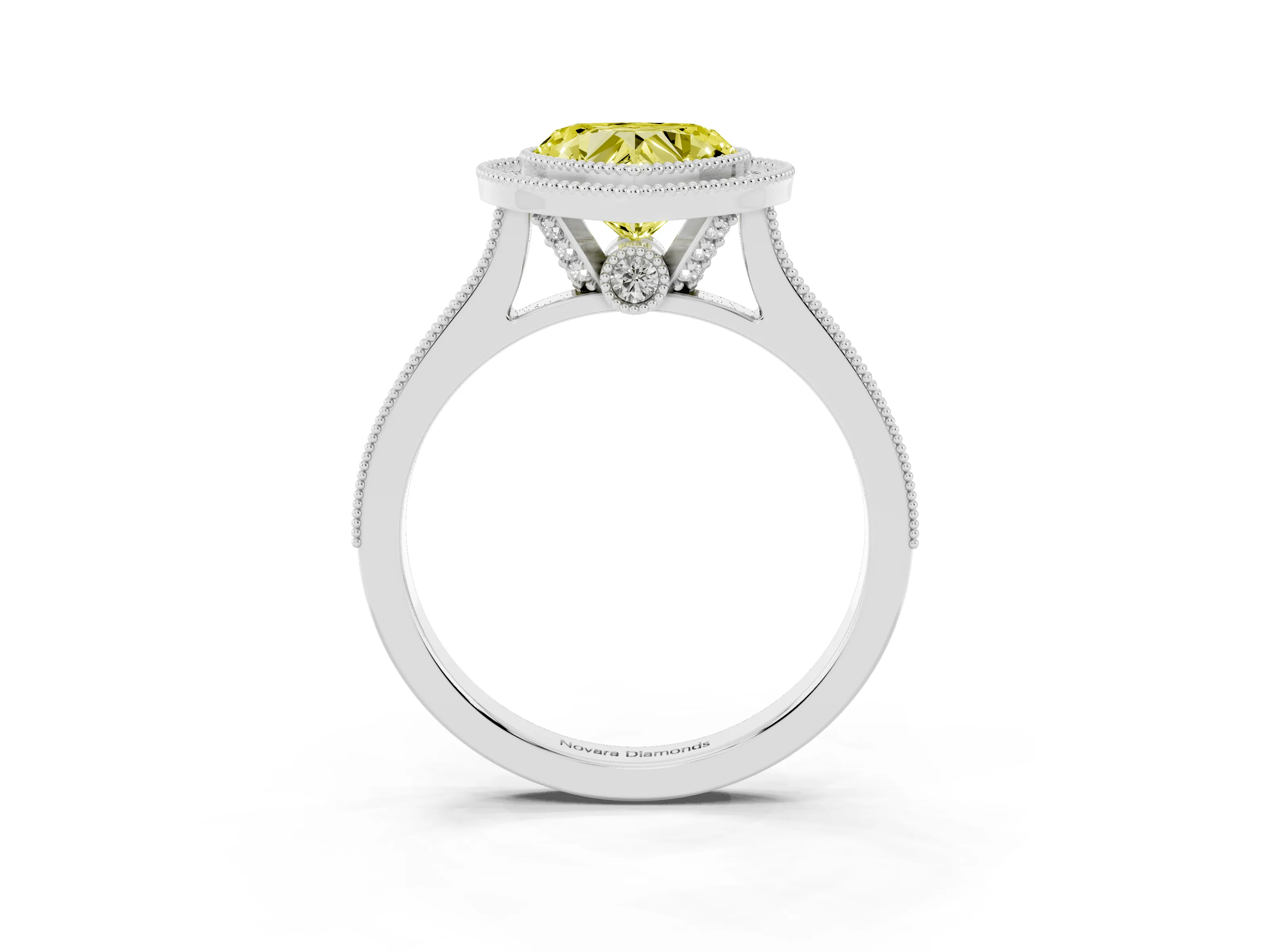 Fancy Yellow Heart Cut Diamond Halo Milgrain Pavé Band Ring Set in Platinum with Prong Setting