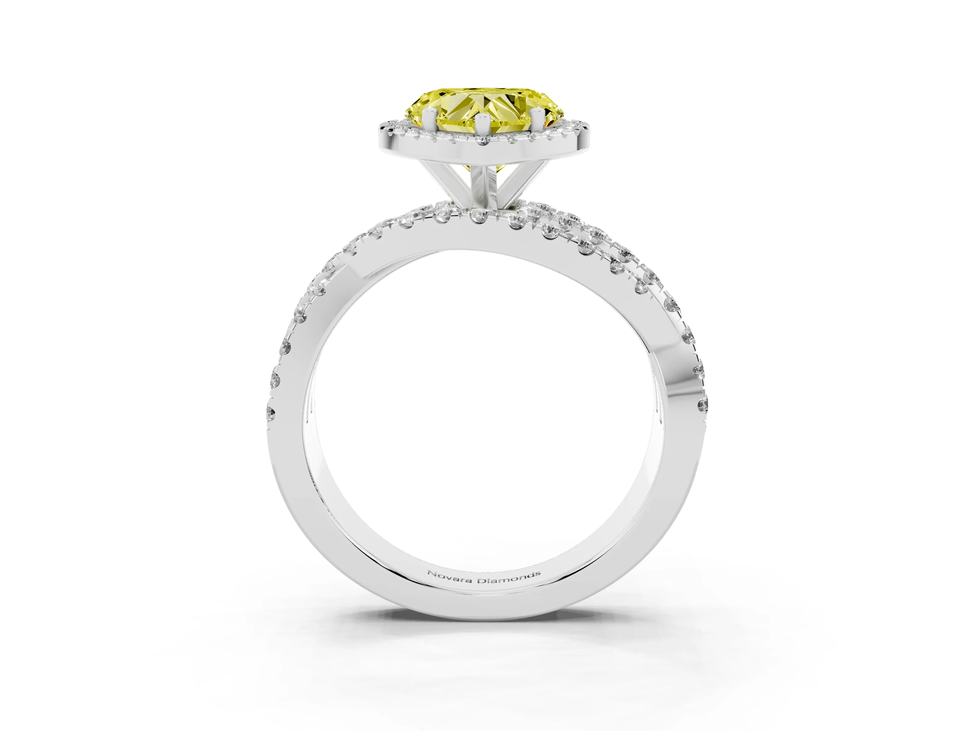 Fancy Yellow Heart Cut Diamond Halo Ring Set in White gold with Round Crossover Split Shank and Prong Setting