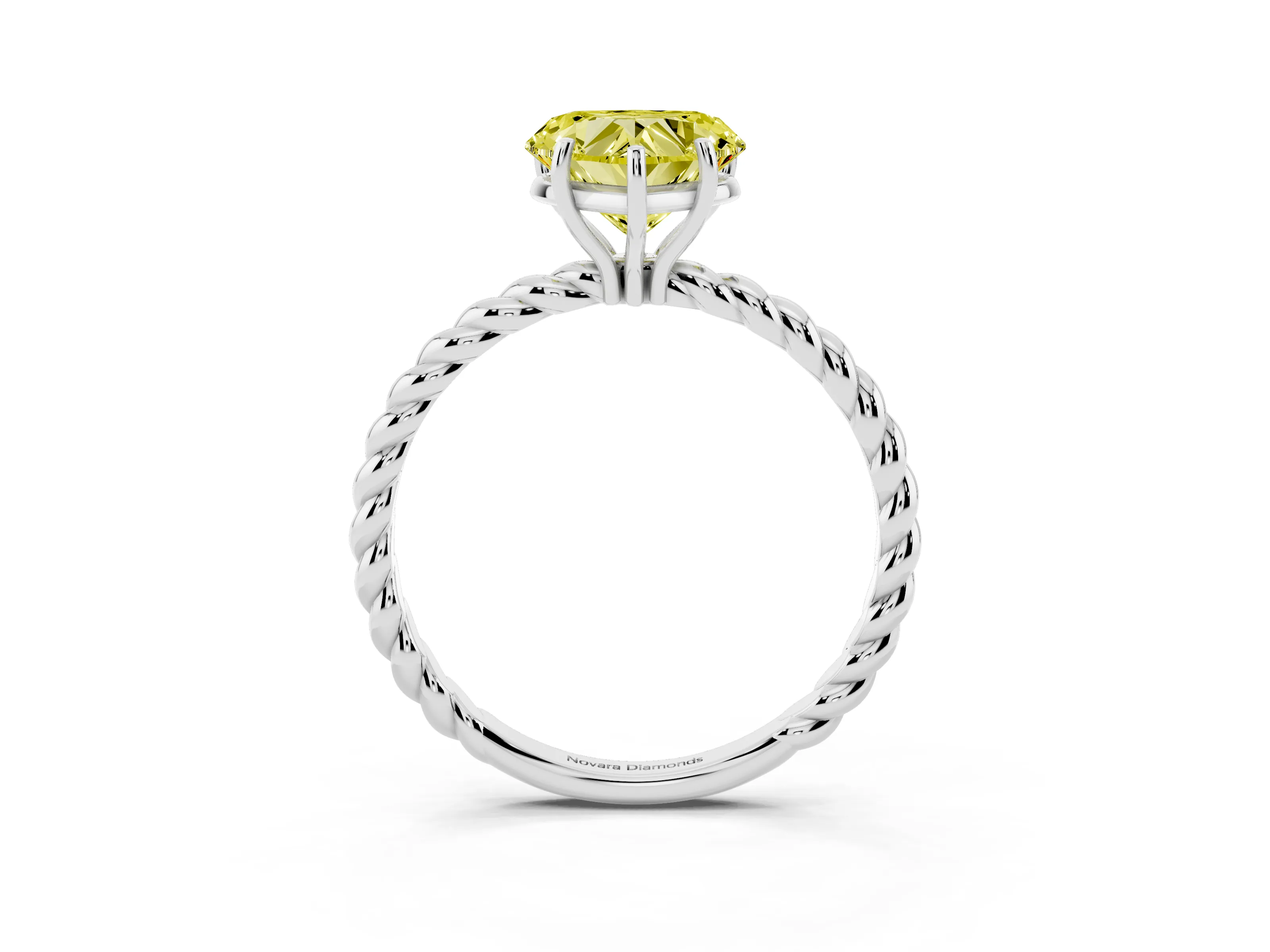 Fancy Yellow Heart Cut Diamond Solitaire Ring Set in White gold with Twist Band and Prong Setting