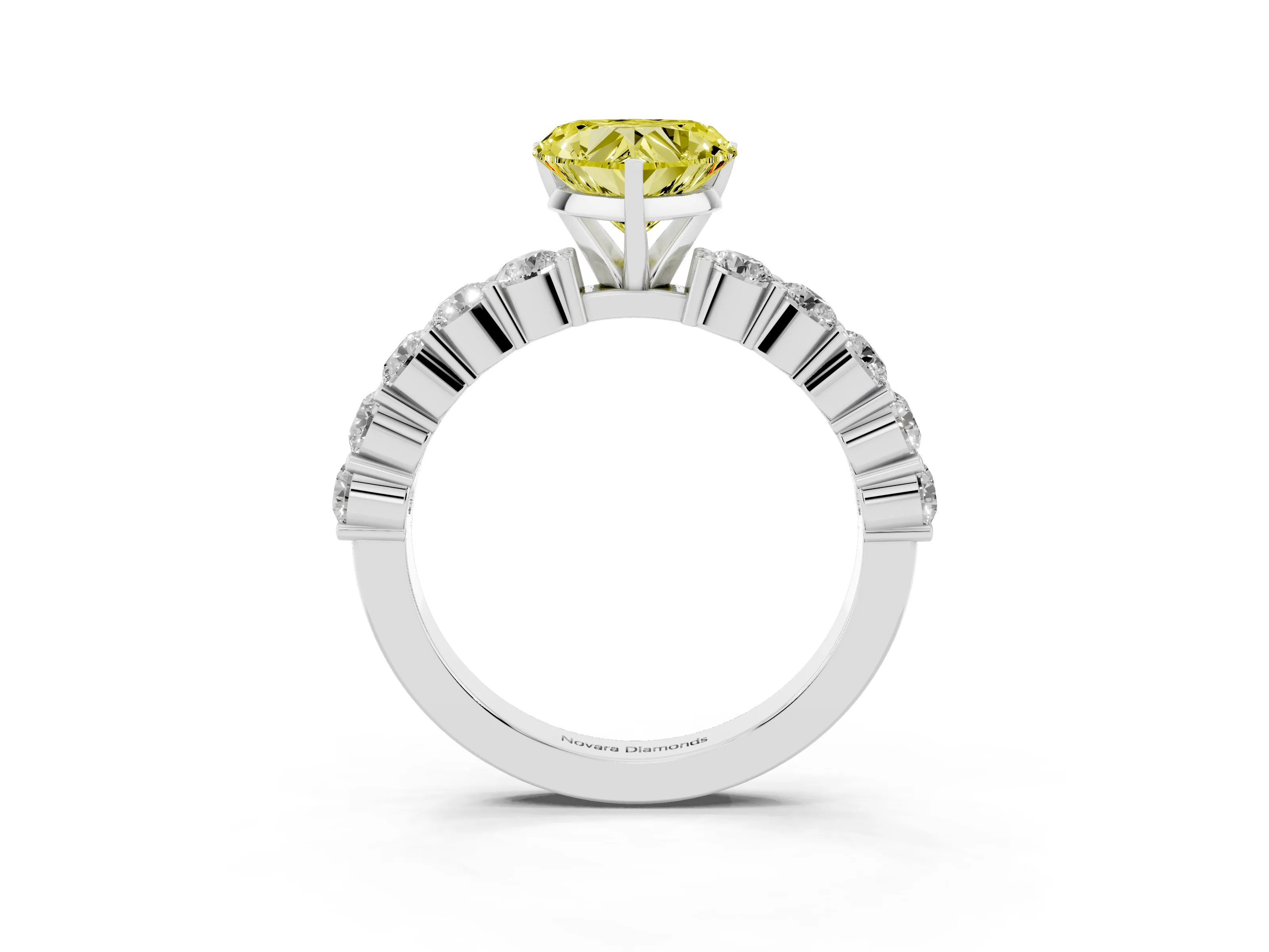 Fancy Yellow Heart Cut Diamond Solitaire Ring Set in White gold with Shared Prong Round Side Stones