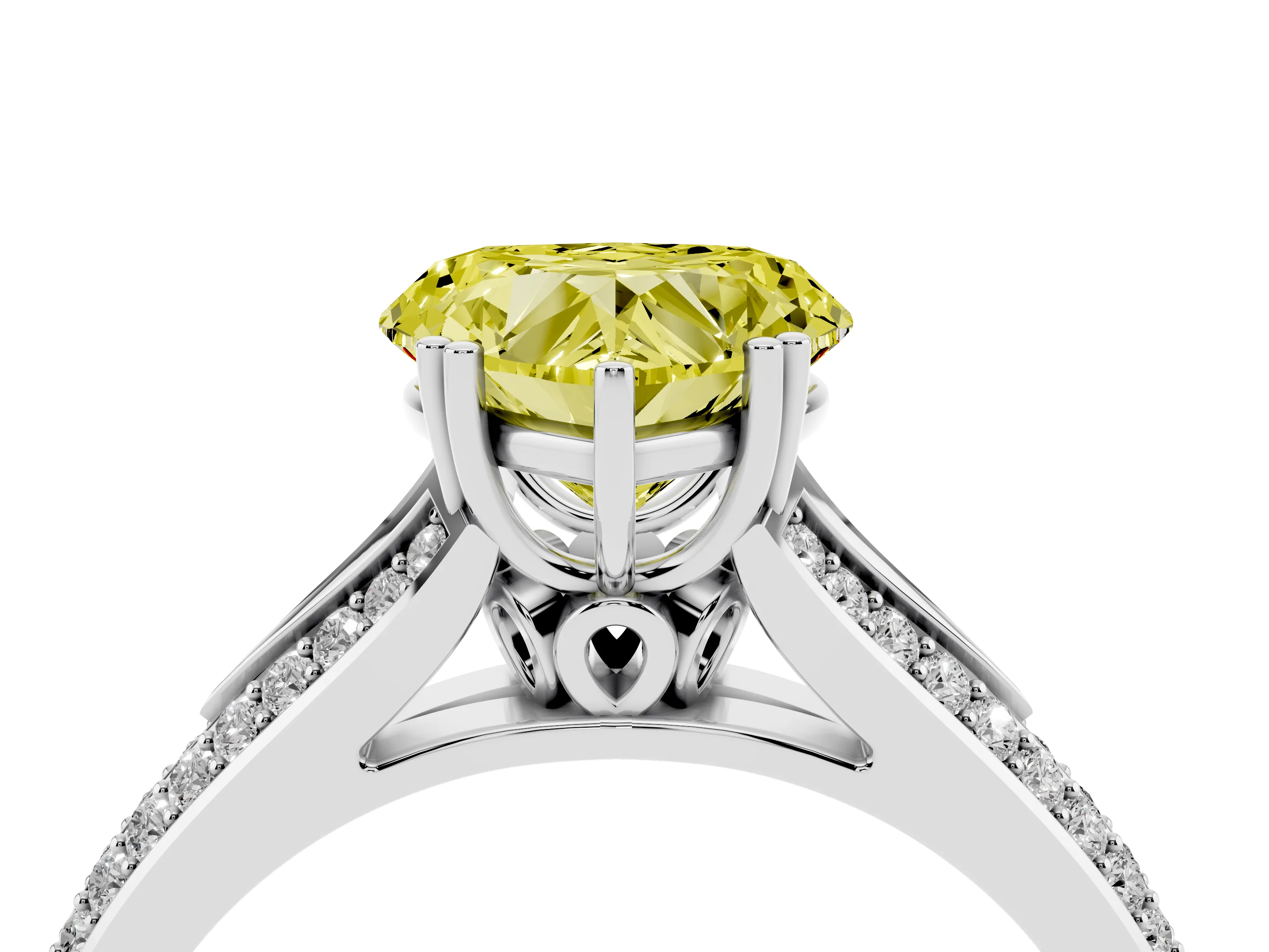 Fancy Yellow Heart Cut Diamond Split Shank Pavé Engagement Ring Set in White gold with Prong-Set Center Stone