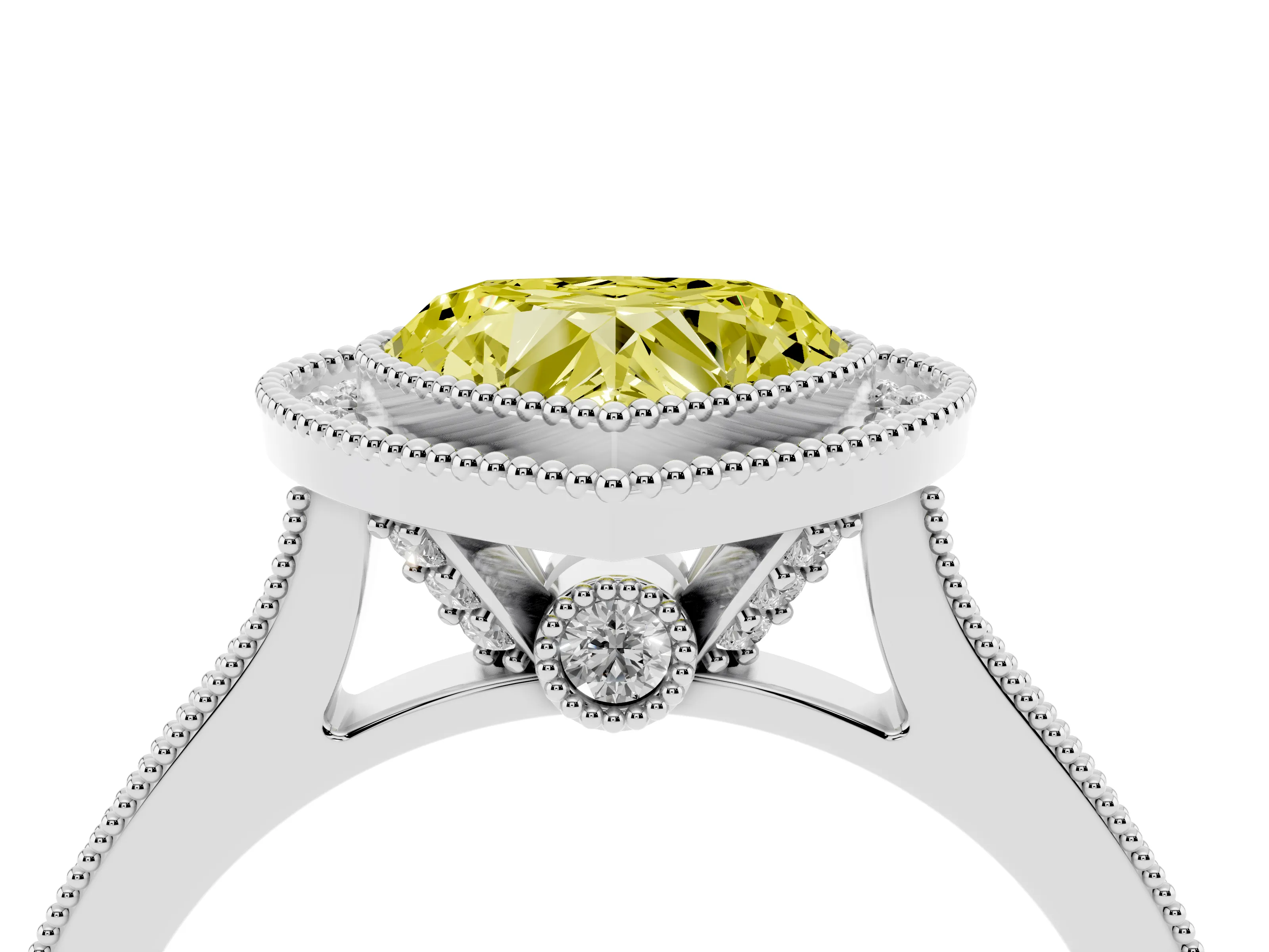 Fancy Yellow Heart Cut Diamond Halo Milgrain Pavé Band Ring Set in Platinum with Prong Setting