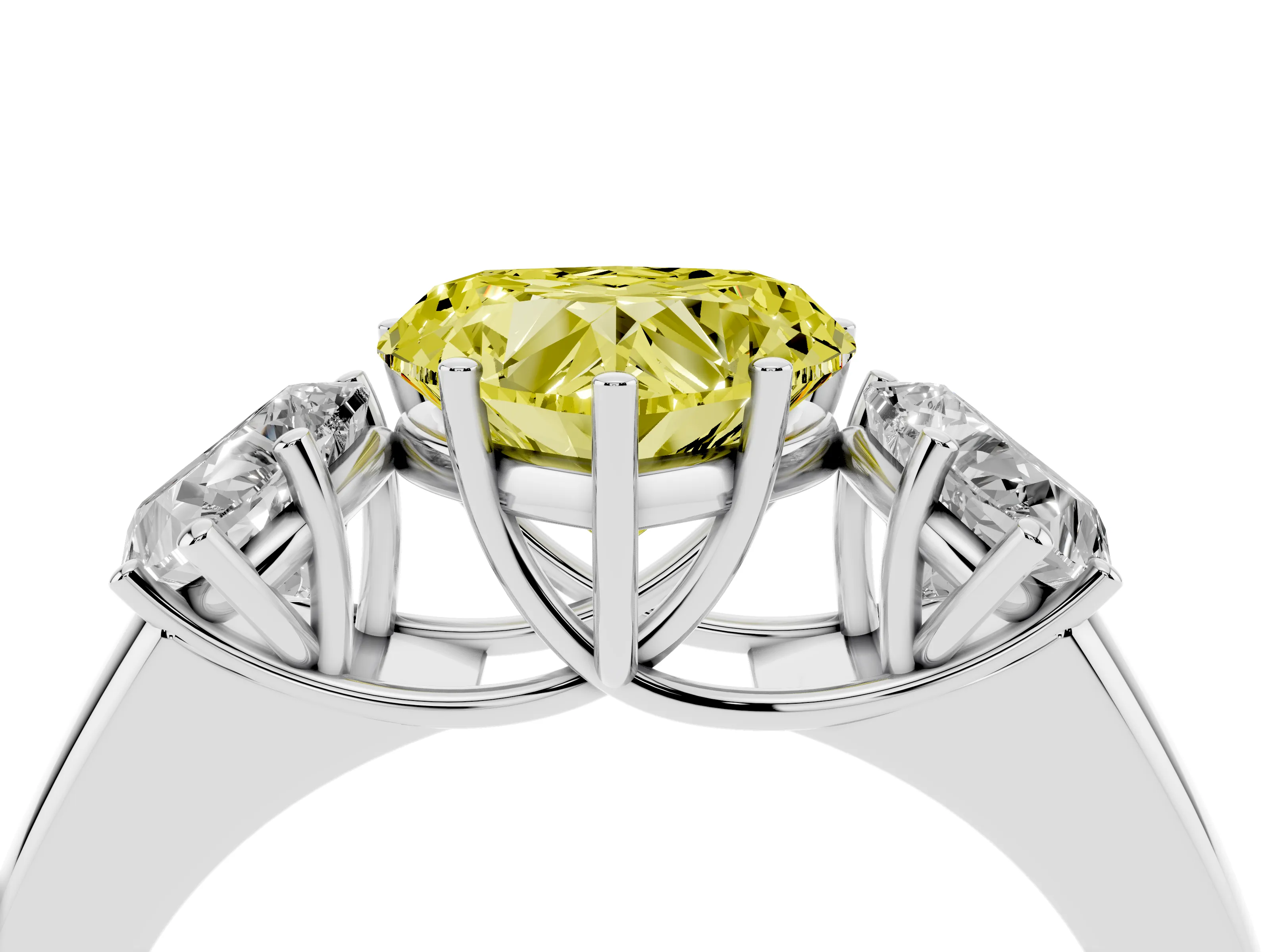 Fancy Yellow Three-Stone Heart Cut Diamond Ring Set in Silver with Matching Prong Settings and Plain Band