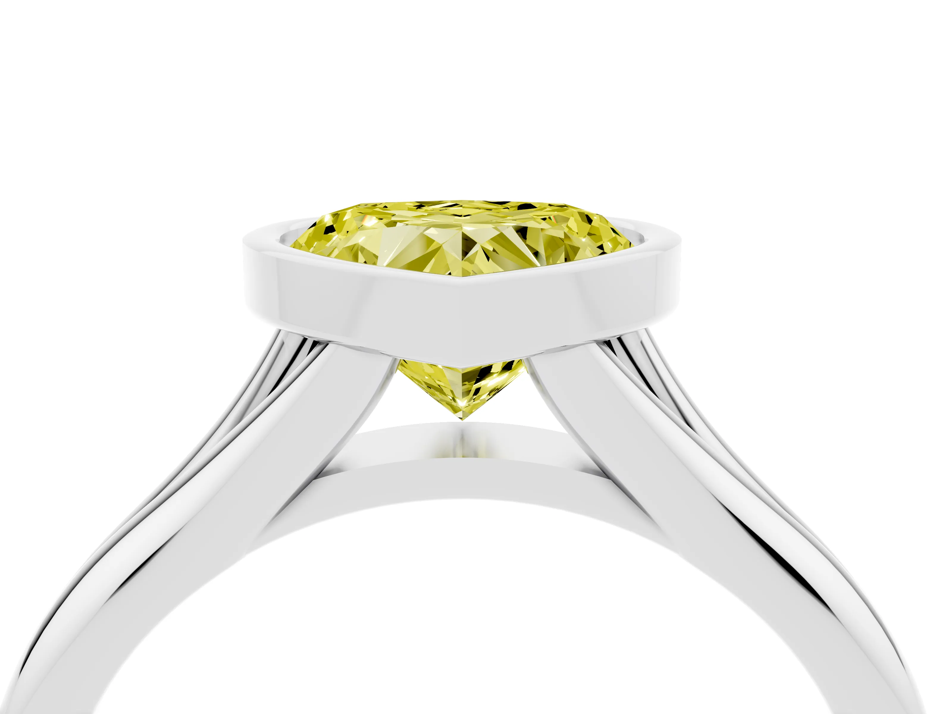 Fancy Yellow Bezel Set Heart Cut Diamond Solitaire Ring Set in White gold with Smooth Band