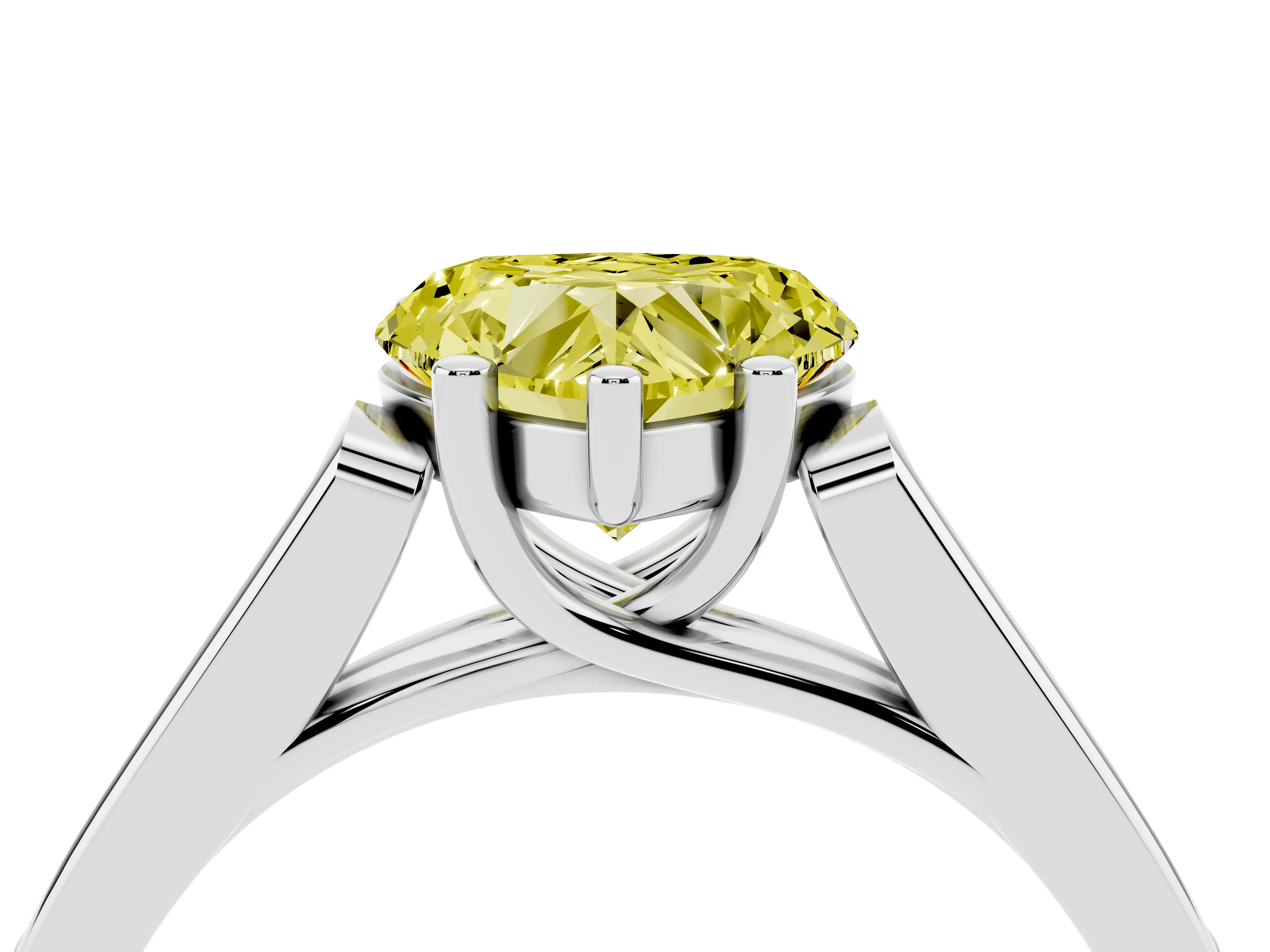 Fancy Yellow Heart Cut Diamond Solitaire Cathedral Engagement Ring Set in White gold with Channel-Set Band and Prong Setting