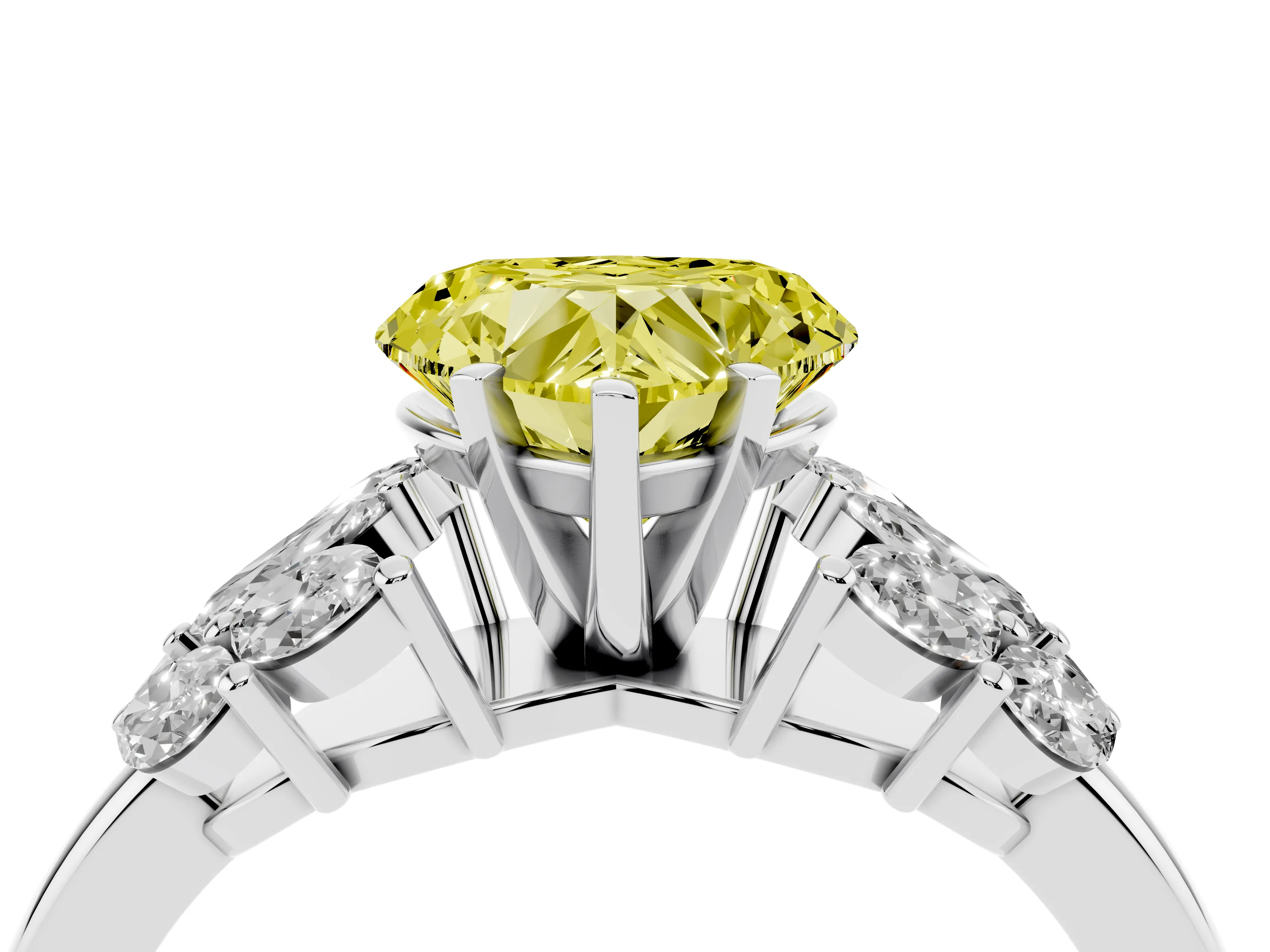 Fancy Yellow Heart Cut Diamond Cluster Leaf Design Ring Set in Silver with Prong Setting