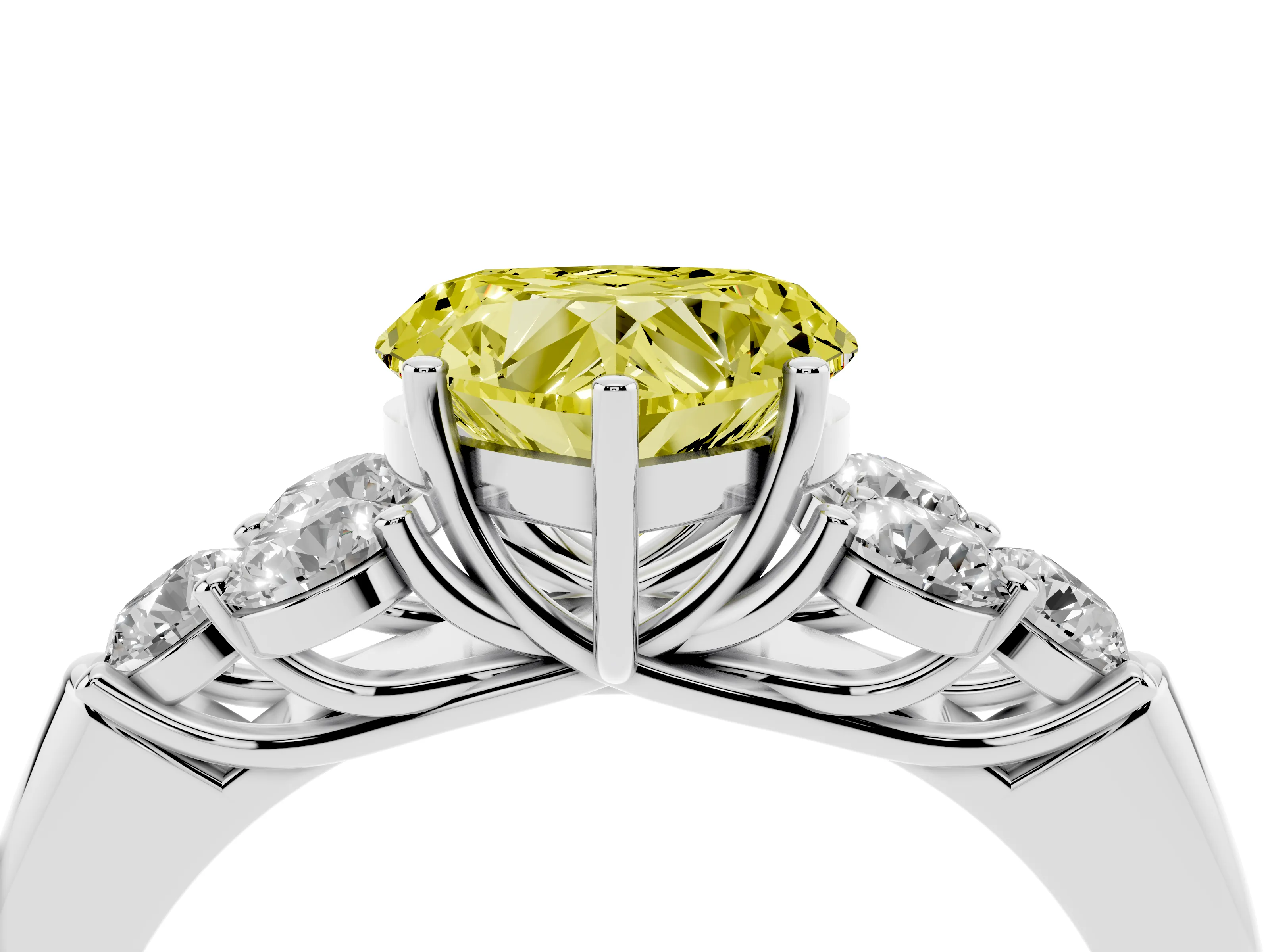 Fancy Yellow Heart Cut Diamond Cluster Ring Set in Silver with Round Accent Stones and Prong Setting on a Plain Band