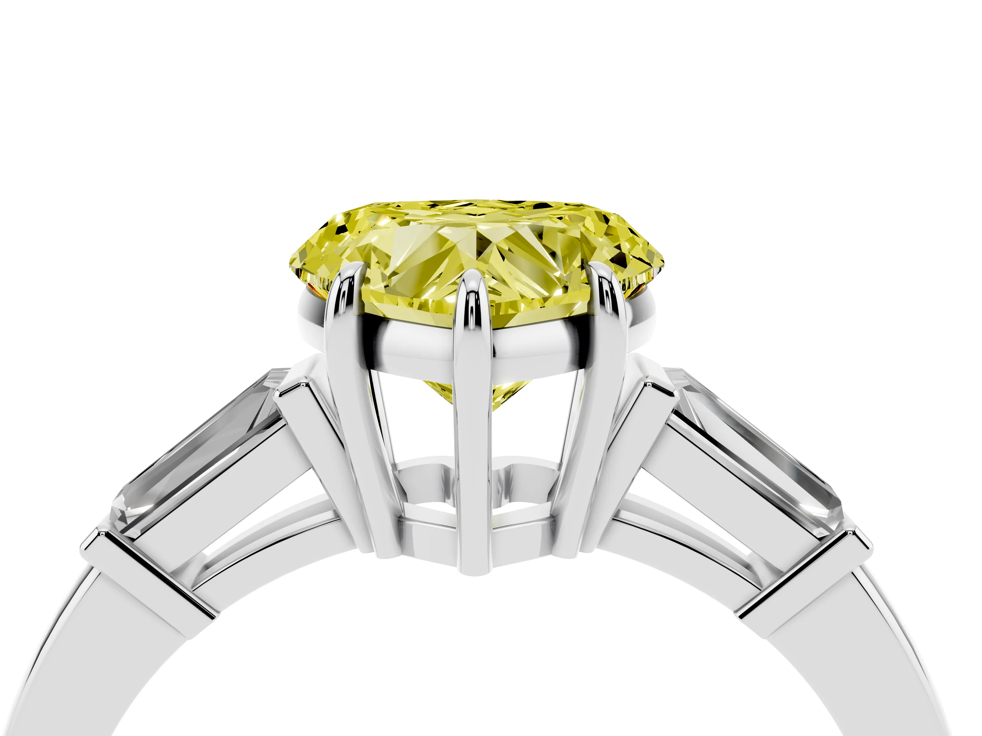 Fancy Yellow Heart Cut Diamond Three-Stone Ring Set in Platinum with Tapered Baguette Side Stones and Prong Setting