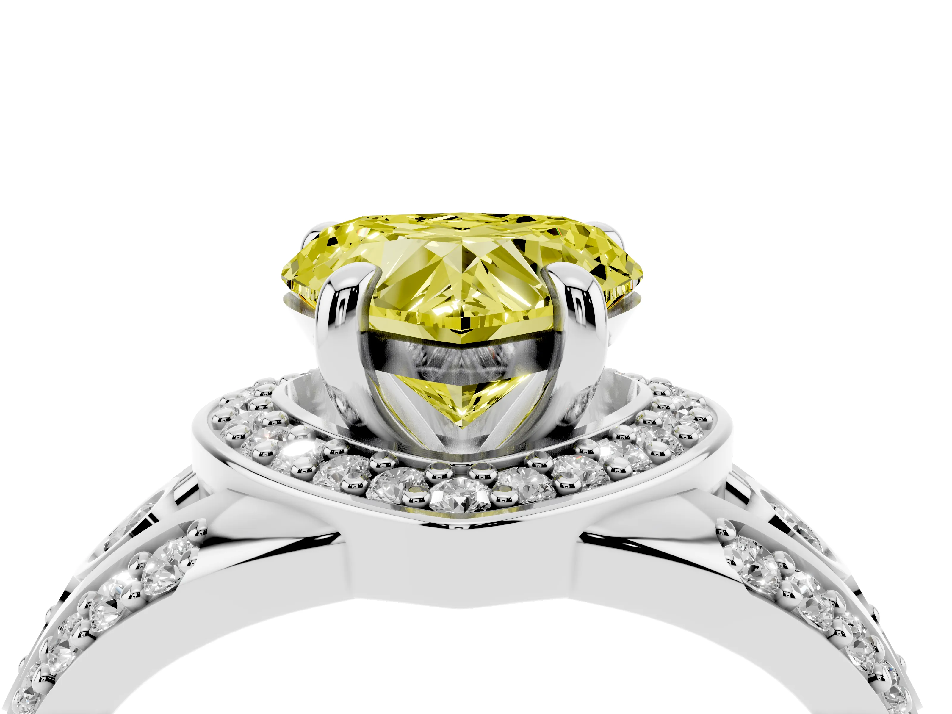 Fancy Yellow Heart Cut Diamond Halo Ring Set in White gold with Pavé Split Shank and Bezel Accents