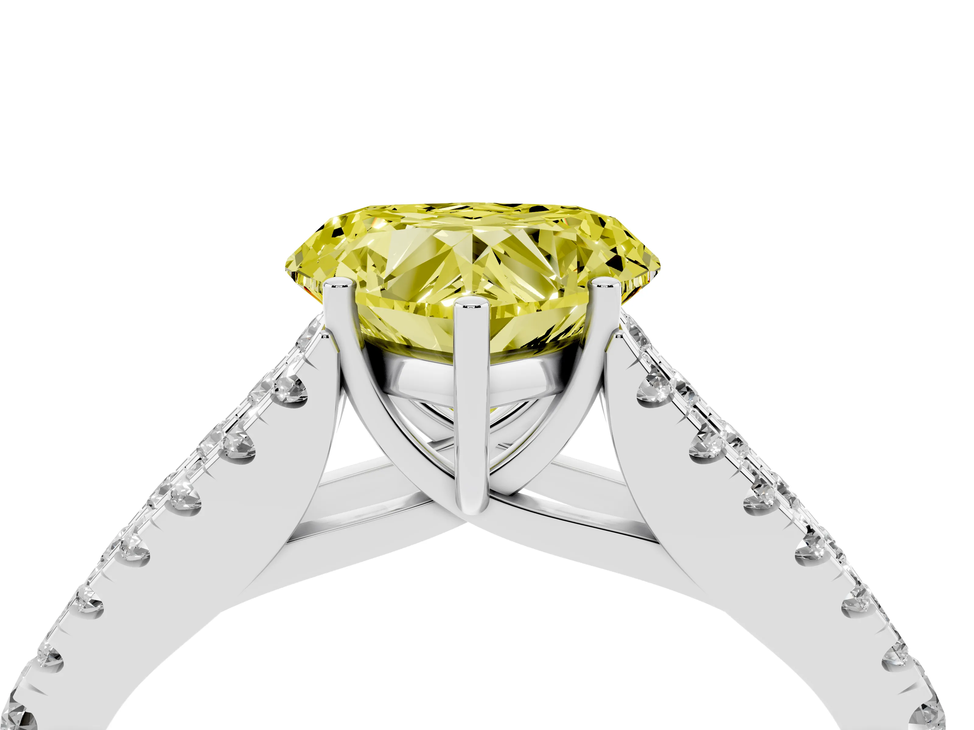 Fancy Yellow Heart Cut Diamond Split Shank Pavé Engagement Ring Set in Platinum with Prong-Held Center Stone
