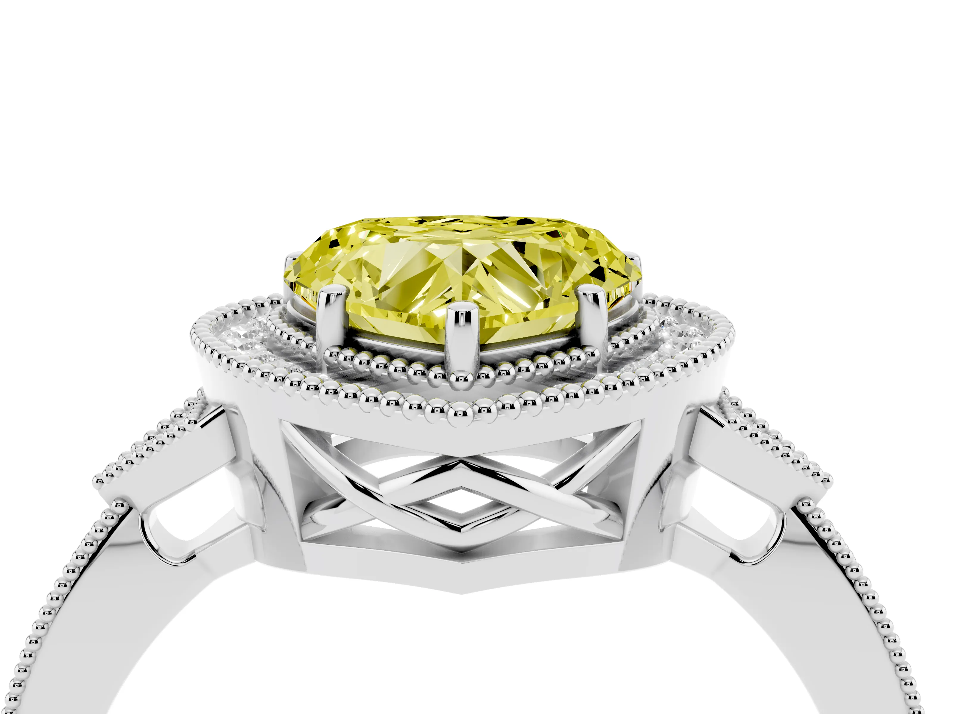 Fancy Yellow Heart Cut Diamond Halo Engagement Ring Set in White gold with Milgrain Pavé Band
