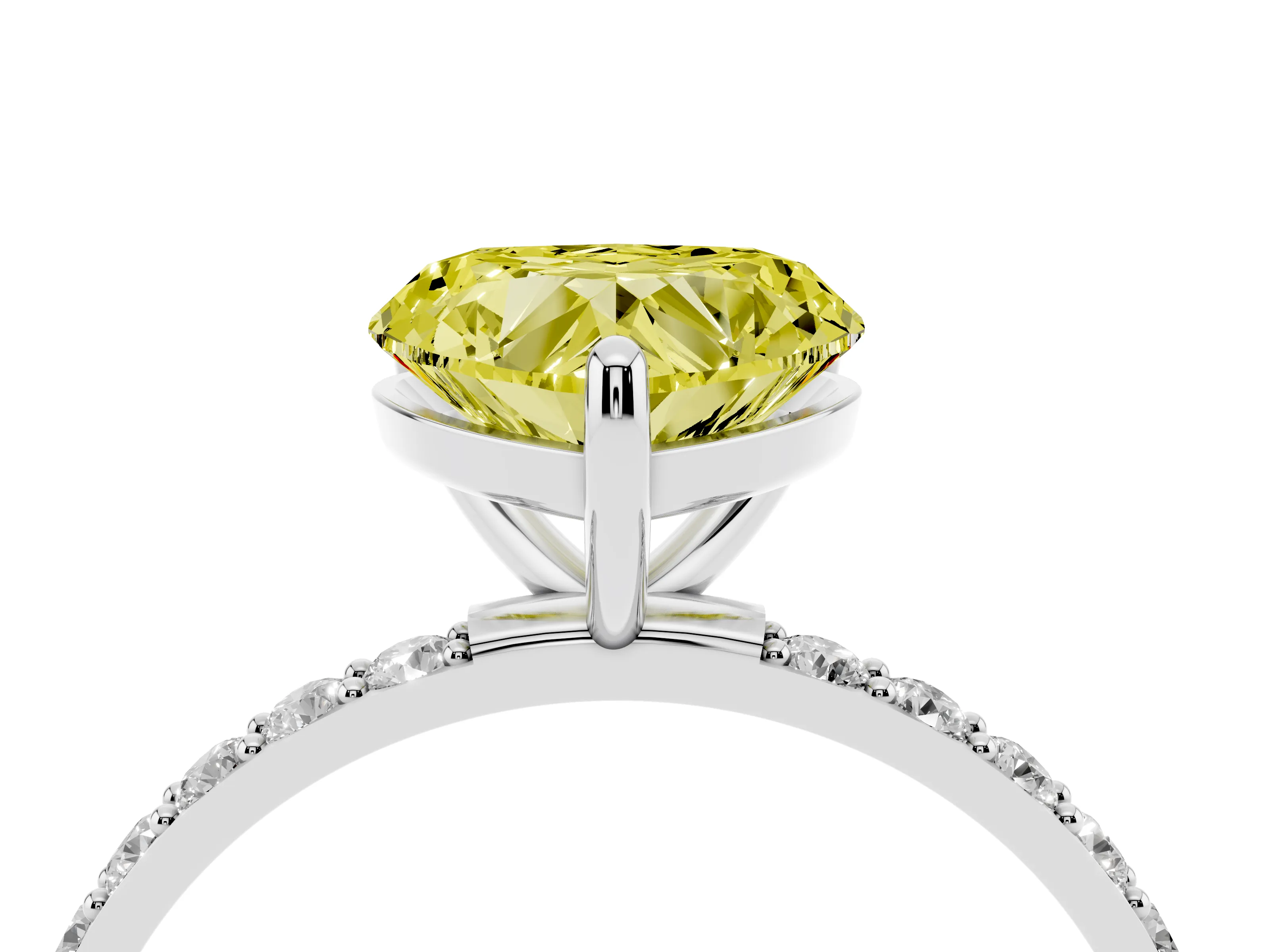 Fancy Yellow Heart Cut Diamond Solitaire Ring Set in Platinum with Round Pavé Band and Prong Setting