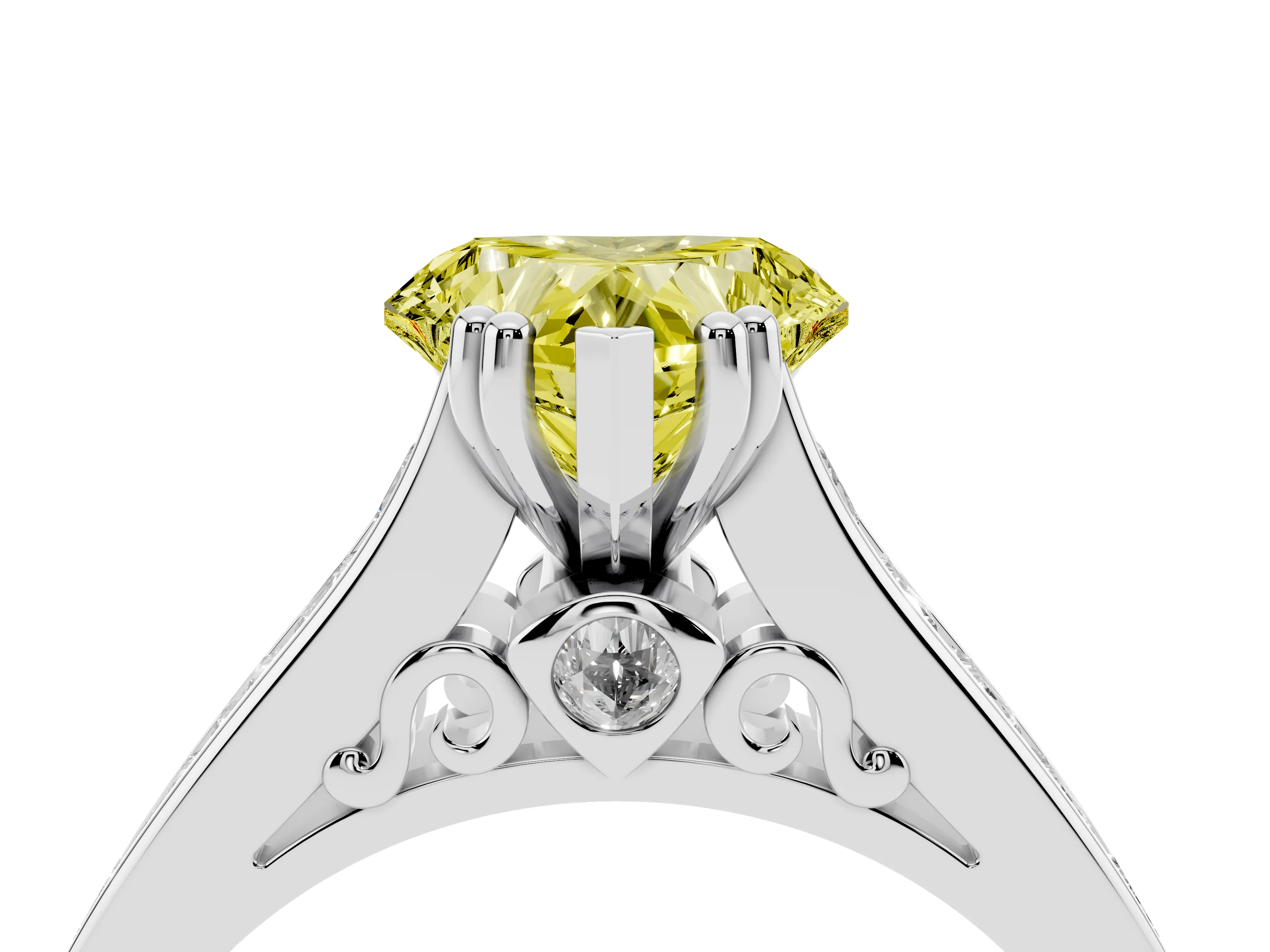 Fancy Yellow Heart Cut Diamond Channel Set Solitaire Engagement Ring Set in Platinum with Prong Setting