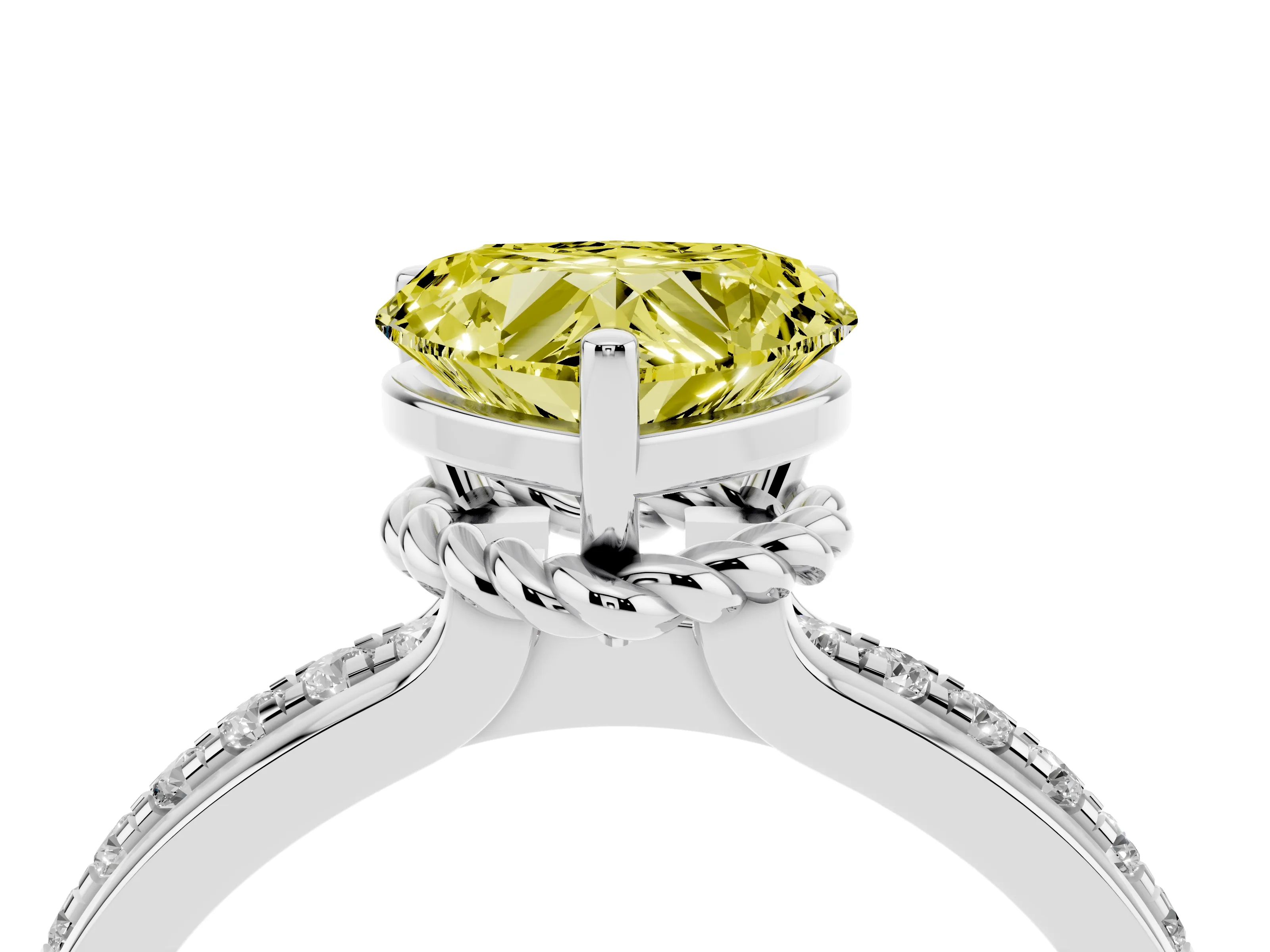 Fancy Yellow Heart Cut Diamond Solitaire Ring Set in White gold with Channel Set Band and Prong Setting