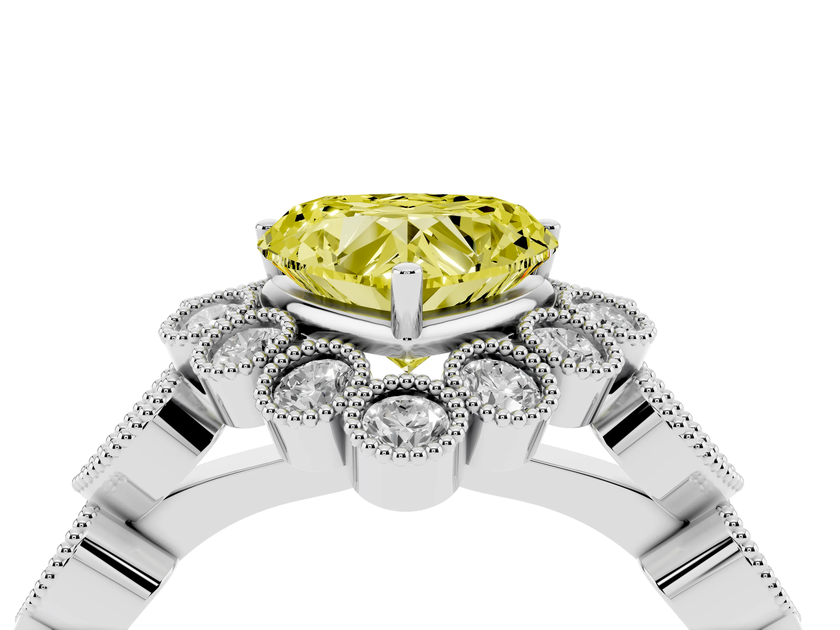 Fancy Yellow Heart Cut Diamond Solitaire Ring Set in White gold with Milgrain Pavé Heart Band