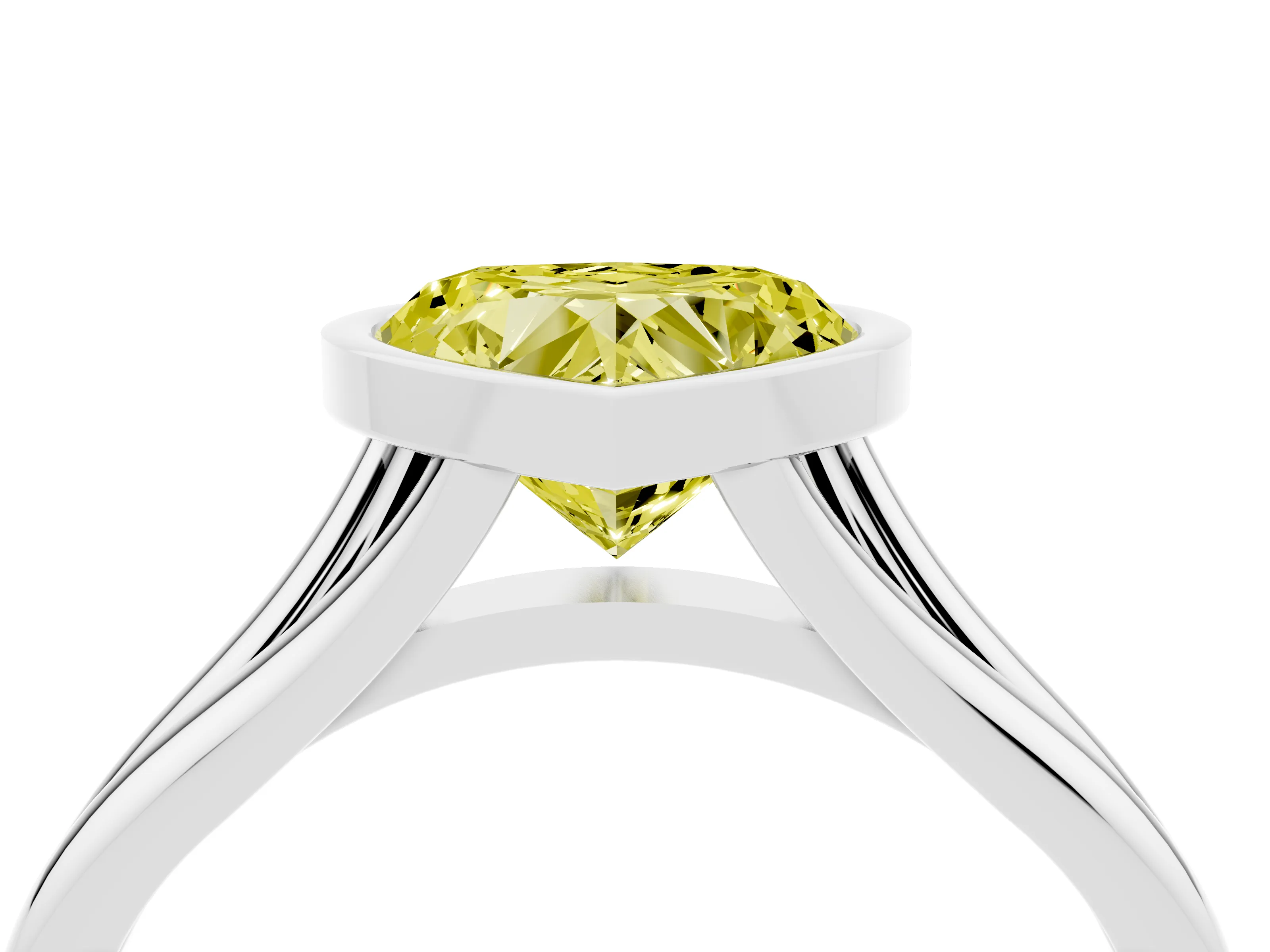 Fancy Yellow Bezel Set Heart Cut Diamond Solitaire Ring Set in Platinum with Tapered Band