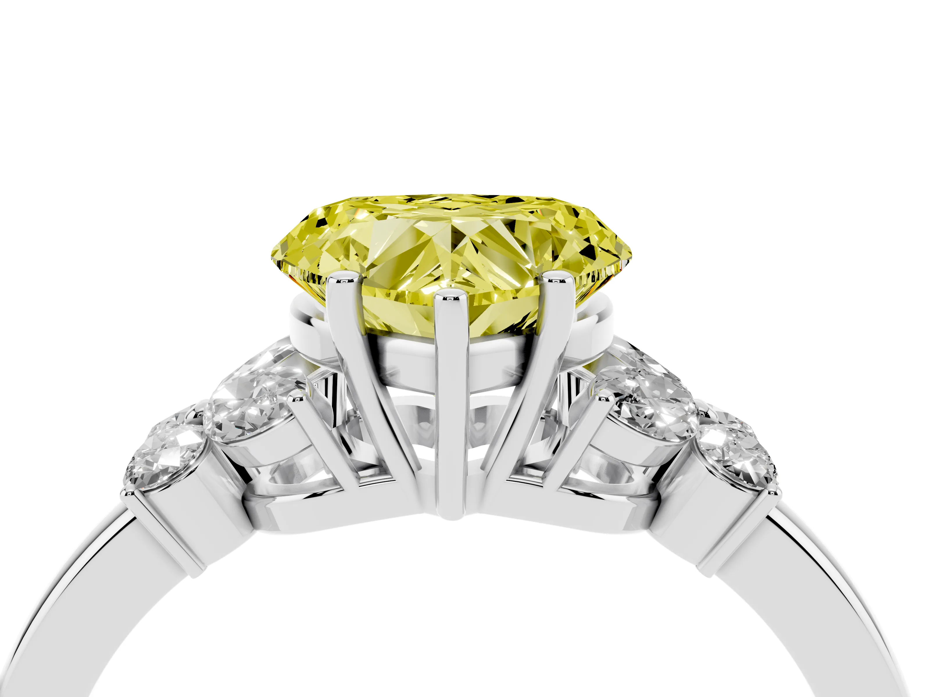 Fancy Yellow Heart Cut Diamond Solitaire Floral Ring Set in Platinum with Marquise Petals and Prong Setting