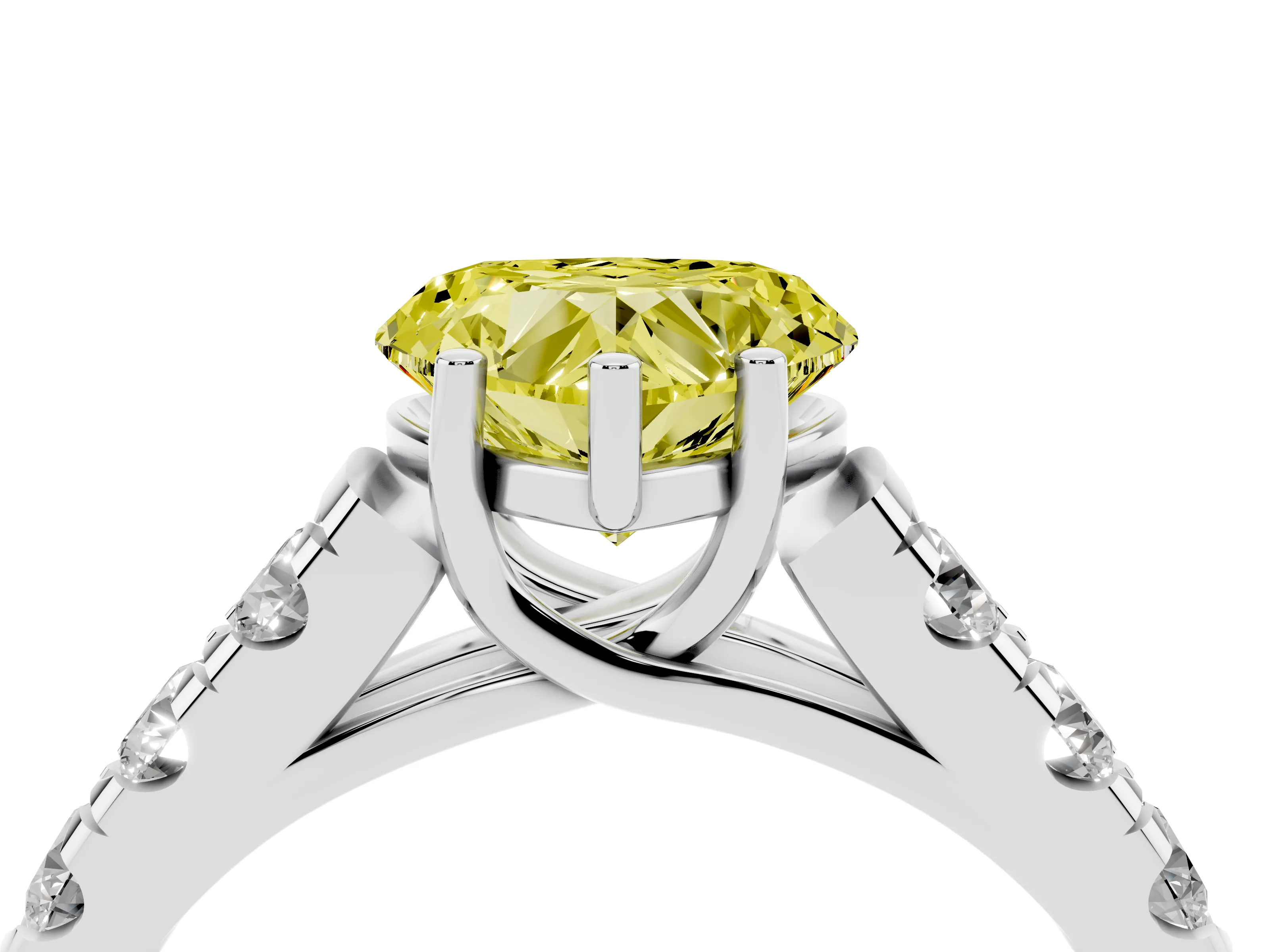 Fancy Yellow Heart Cut Diamond Solitaire Ring Set in White gold with Cut-Down Micro Pavé Band and Prong Setting