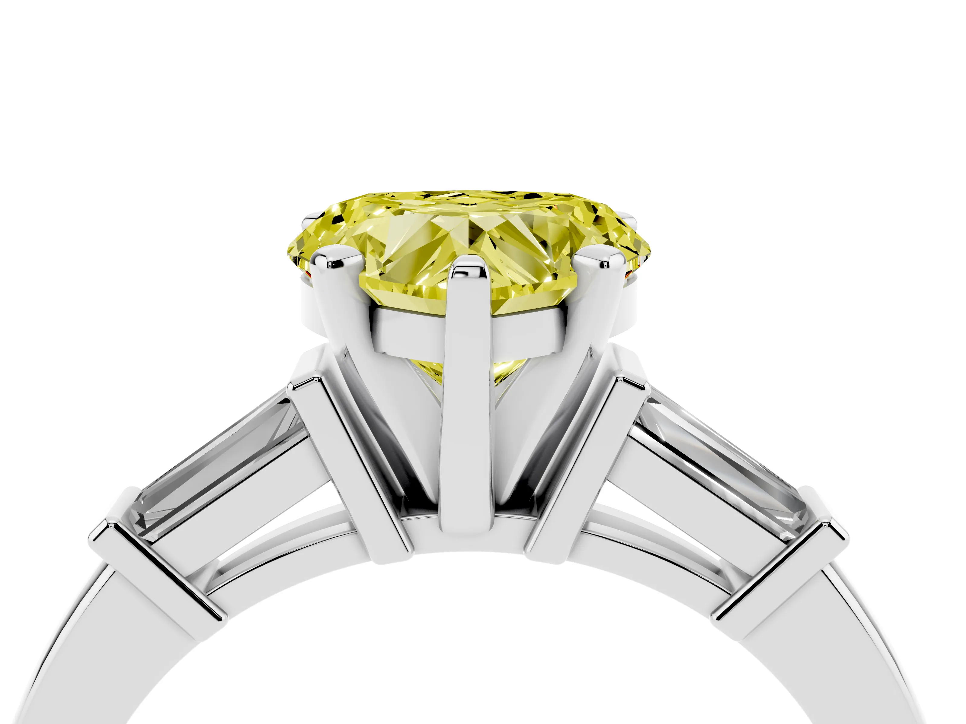 Fancy Yellow Heart Cut Diamond Solitaire Ring Set in White gold with Tapered Baguette Accents and Prong Setting