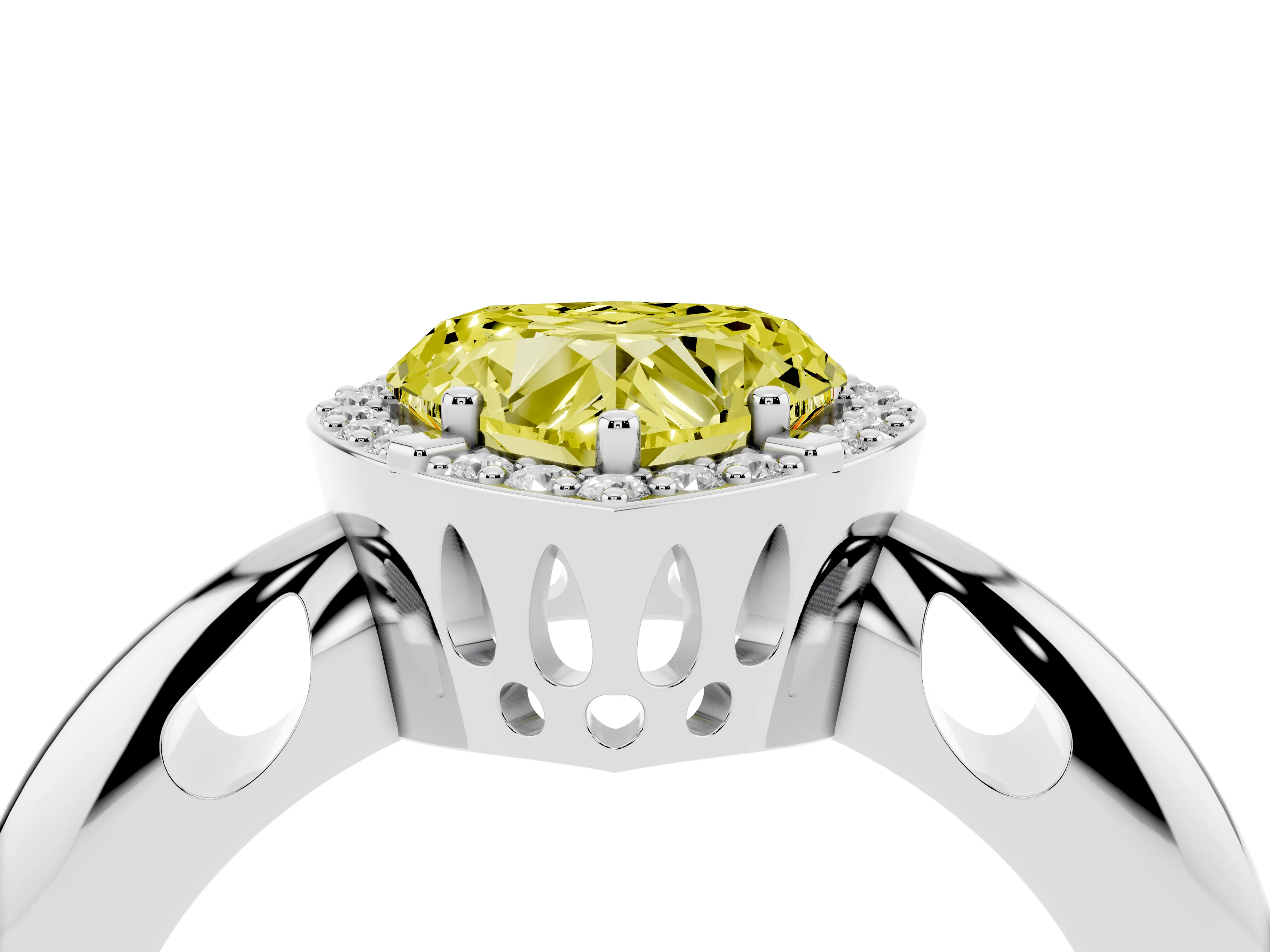 Fancy Yellow Heart Cut Diamond Halo Engagement Ring Set in Silver with Plain Split Shank and Prong Setting