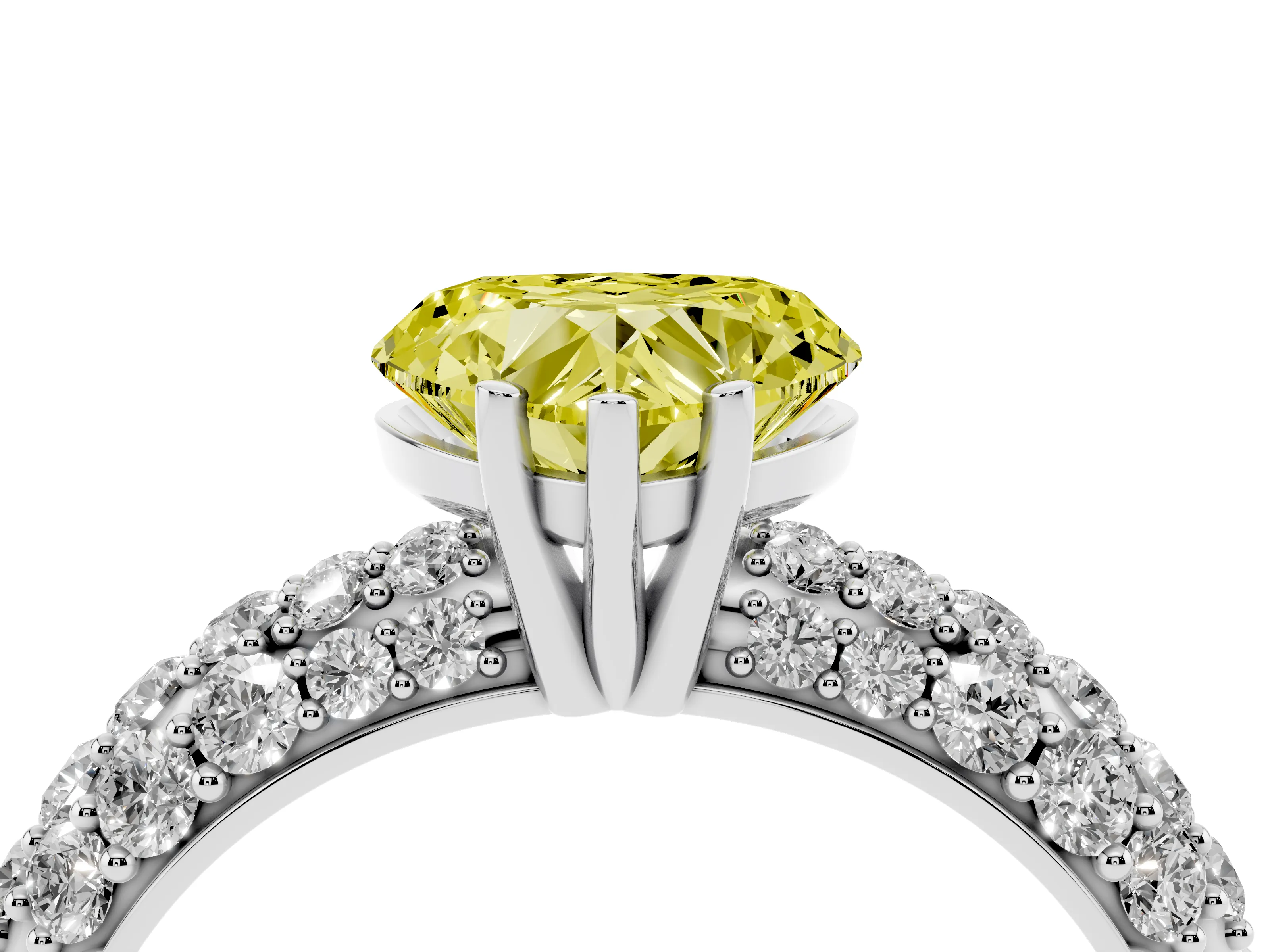 Fancy Yellow Heart Cut Diamond Pavé Band Solitaire Ring Set in Silver with Close-Set Accent Stones and Prong Setting