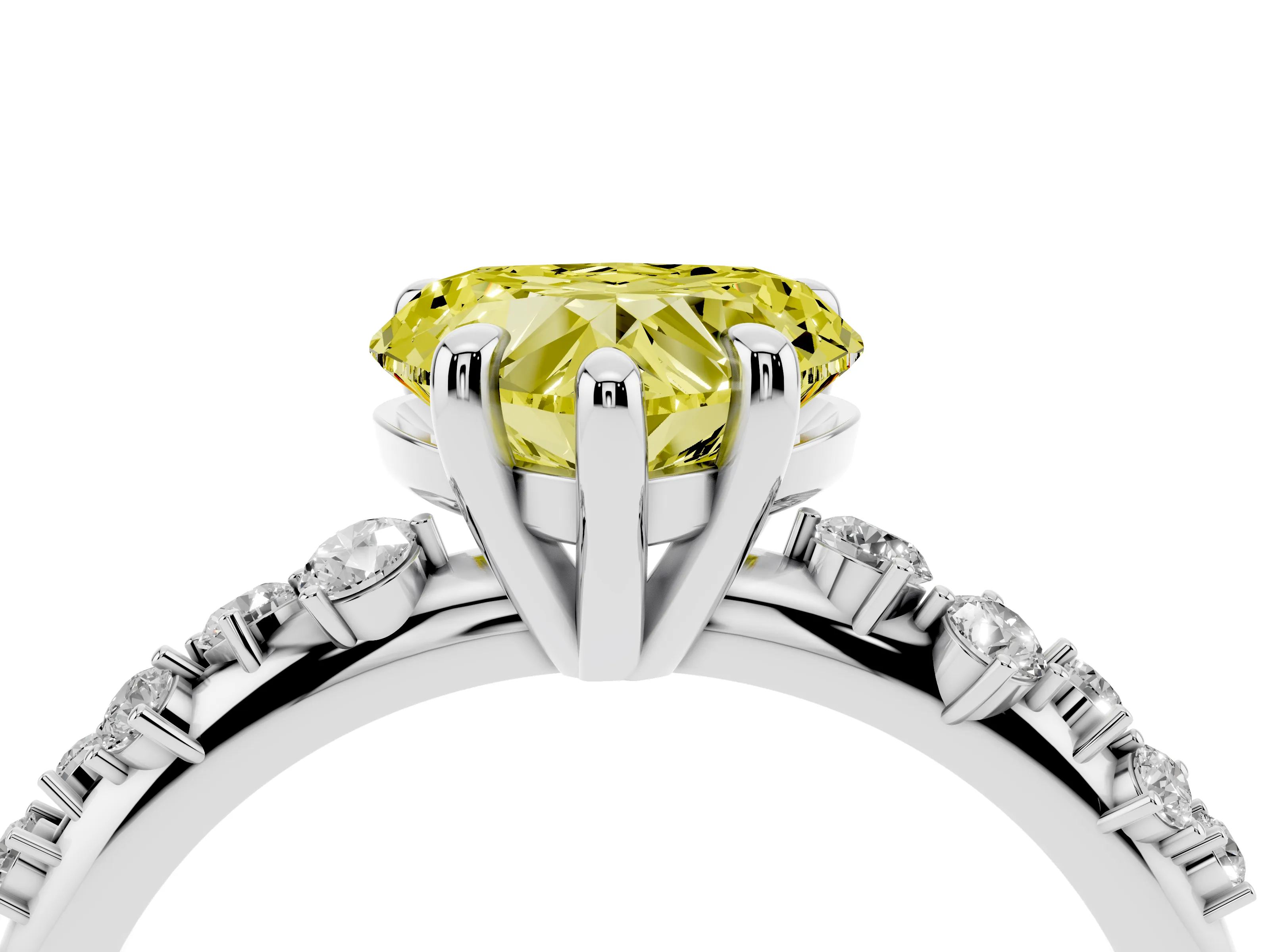 Fancy Yellow Heart Cut Diamond Solitaire Vine Band Ring Set in Silver with Round Accents and Prong Setting