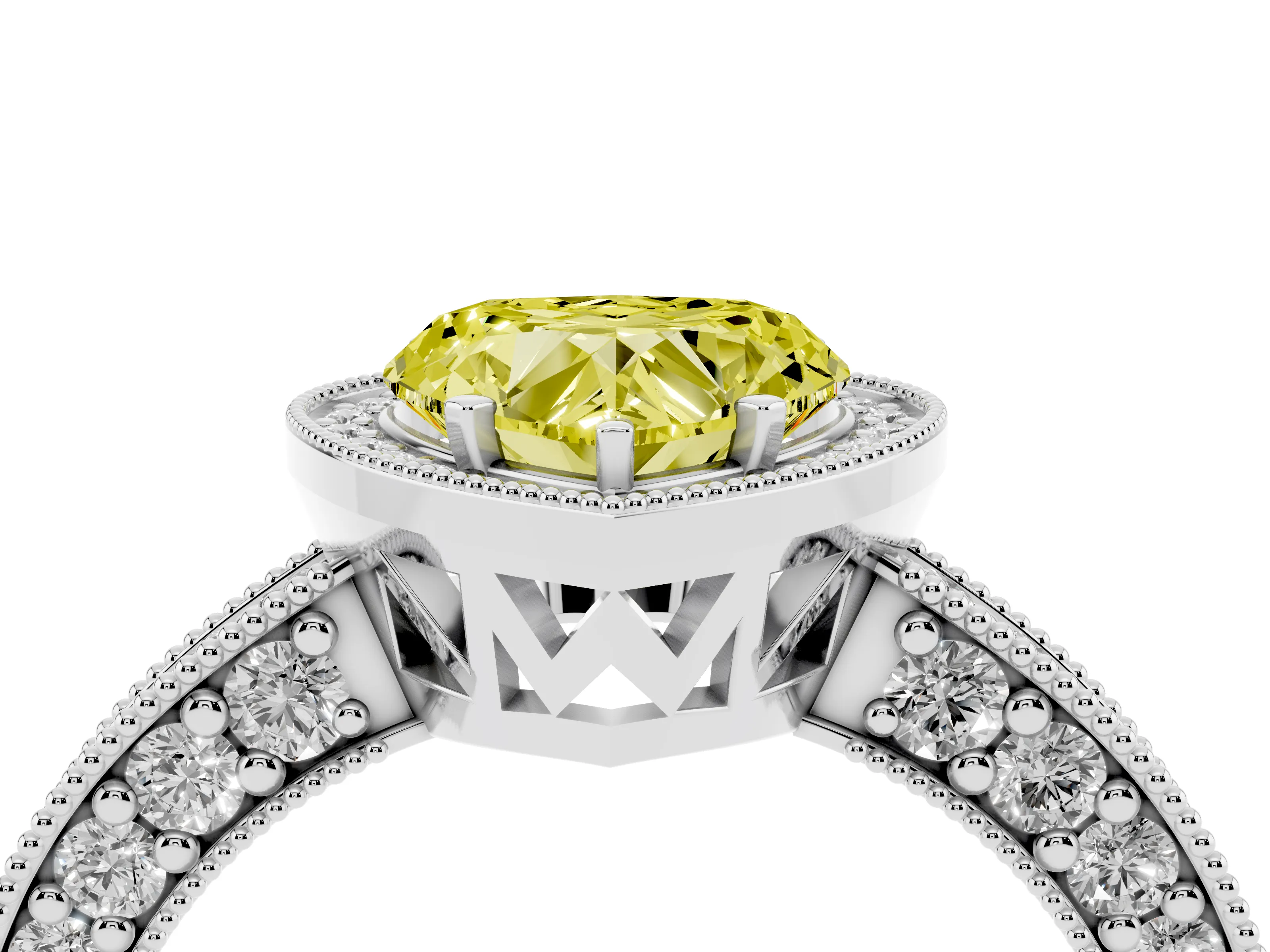 Fancy Yellow Heart Cut Diamond Halo Pavé Band Ring Set in Silver with Prong-Set Center