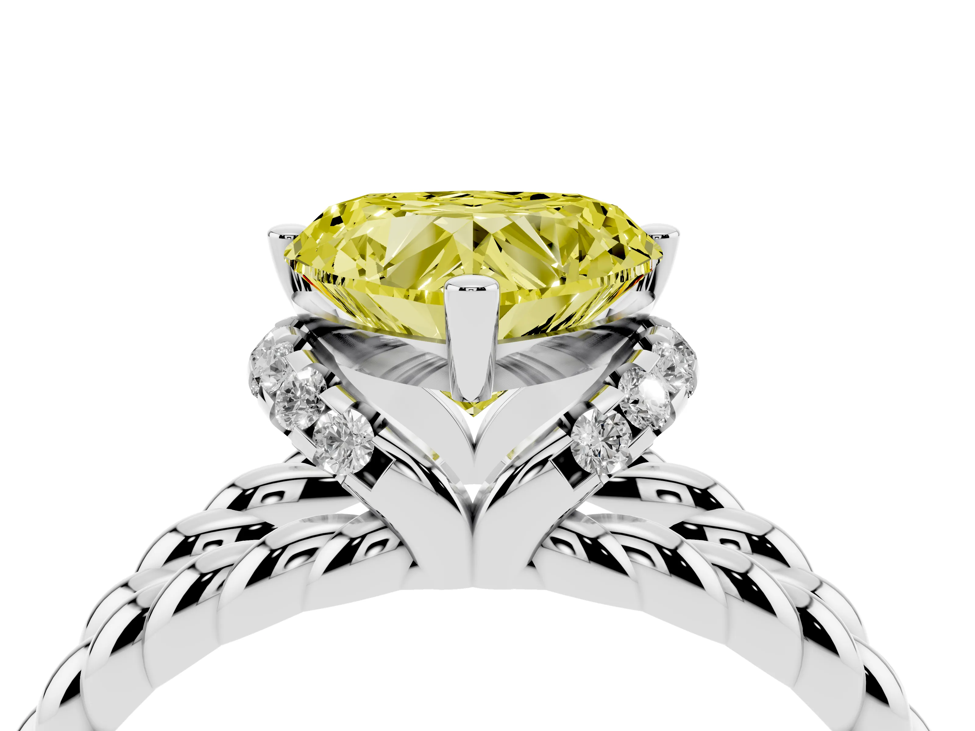 Fancy Yellow Heart Cut Diamond Halo Ring Set in White gold with Twisted Band and Prong Setting