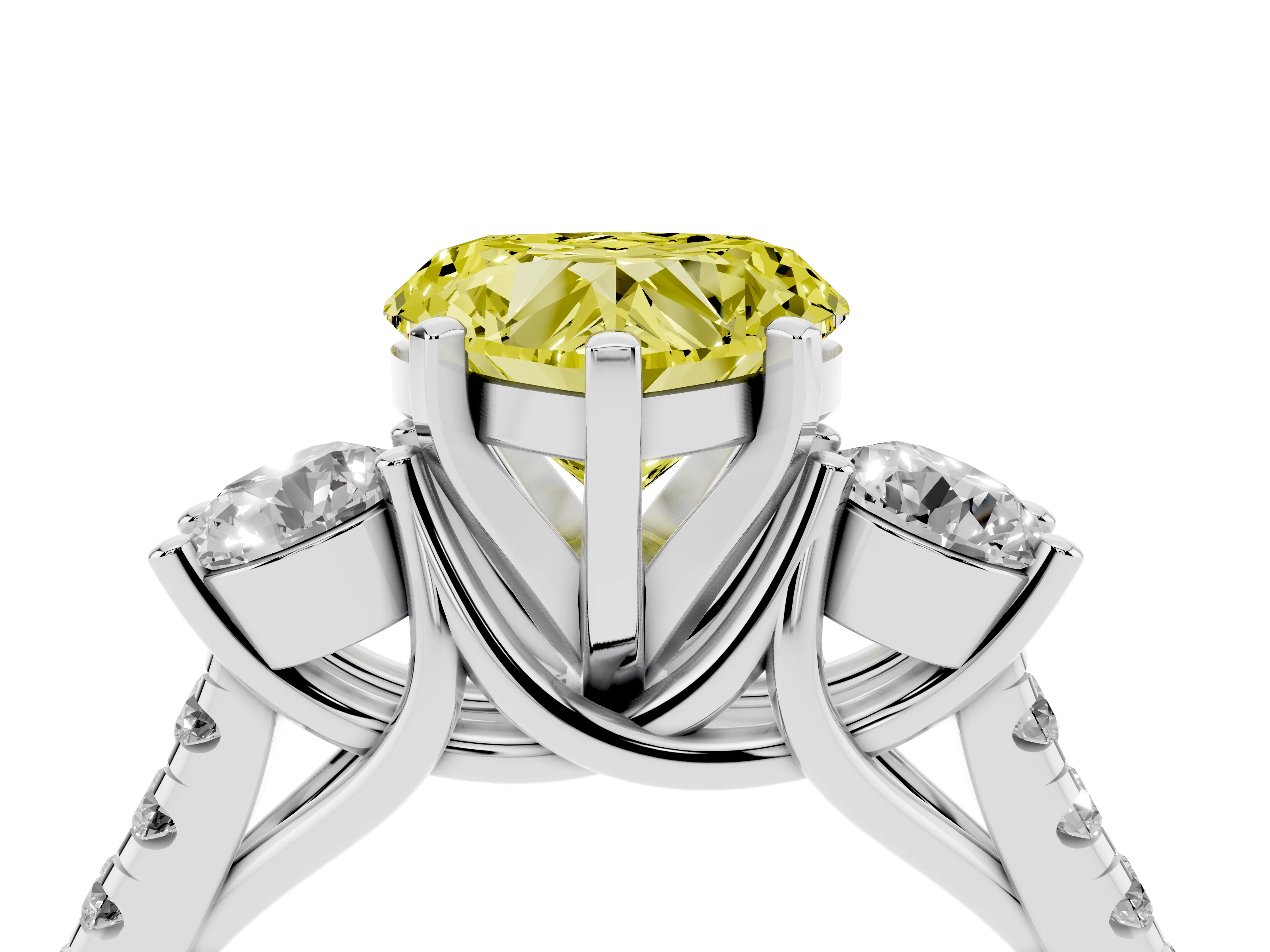 Fancy Yellow Three-Stone Heart Cut Diamond Pavé Band Ring Set in Silver with Prong-Set Trio