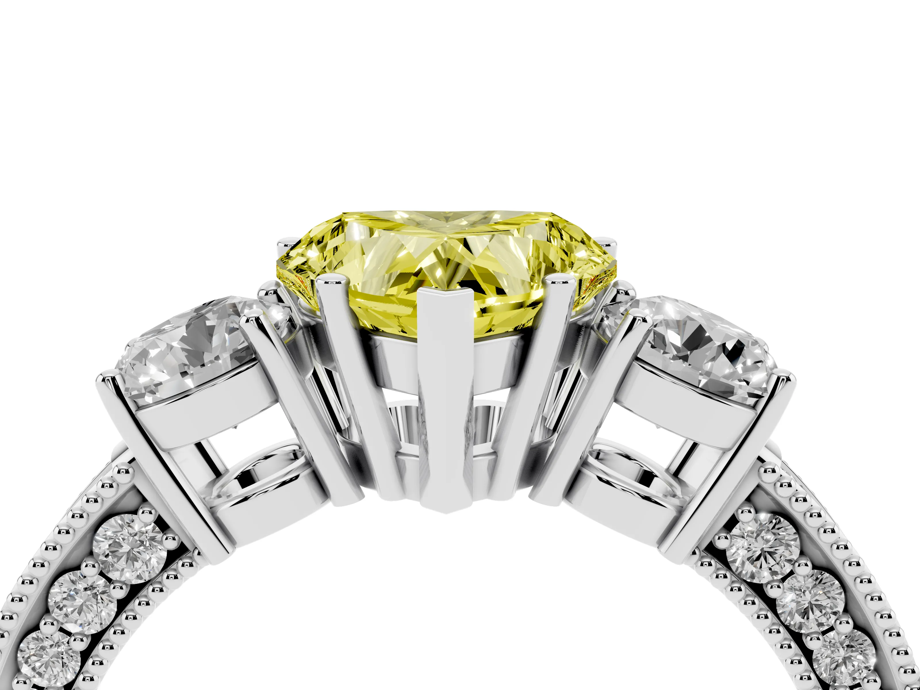Fancy Yellow Heart Cut Diamond Three-Stone Ring Set in White gold with Round Side Stones and Pavé Band