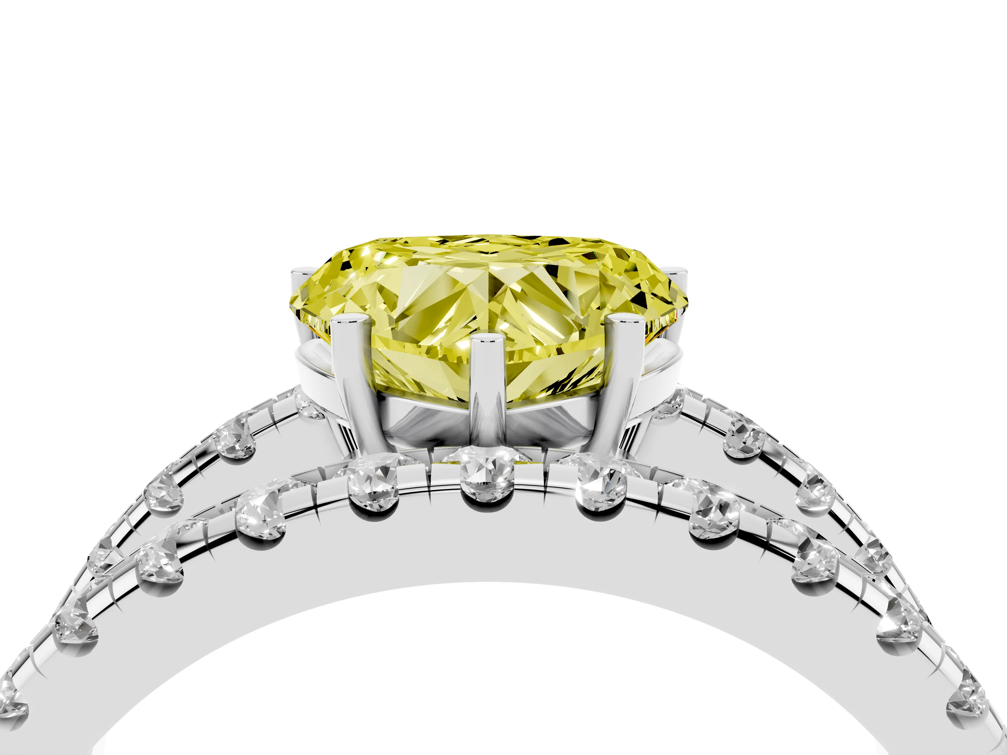 Fancy Yellow Heart Cut Diamond Split Shank Pavé Solitaire Ring Set in Platinum with Open Shank Design