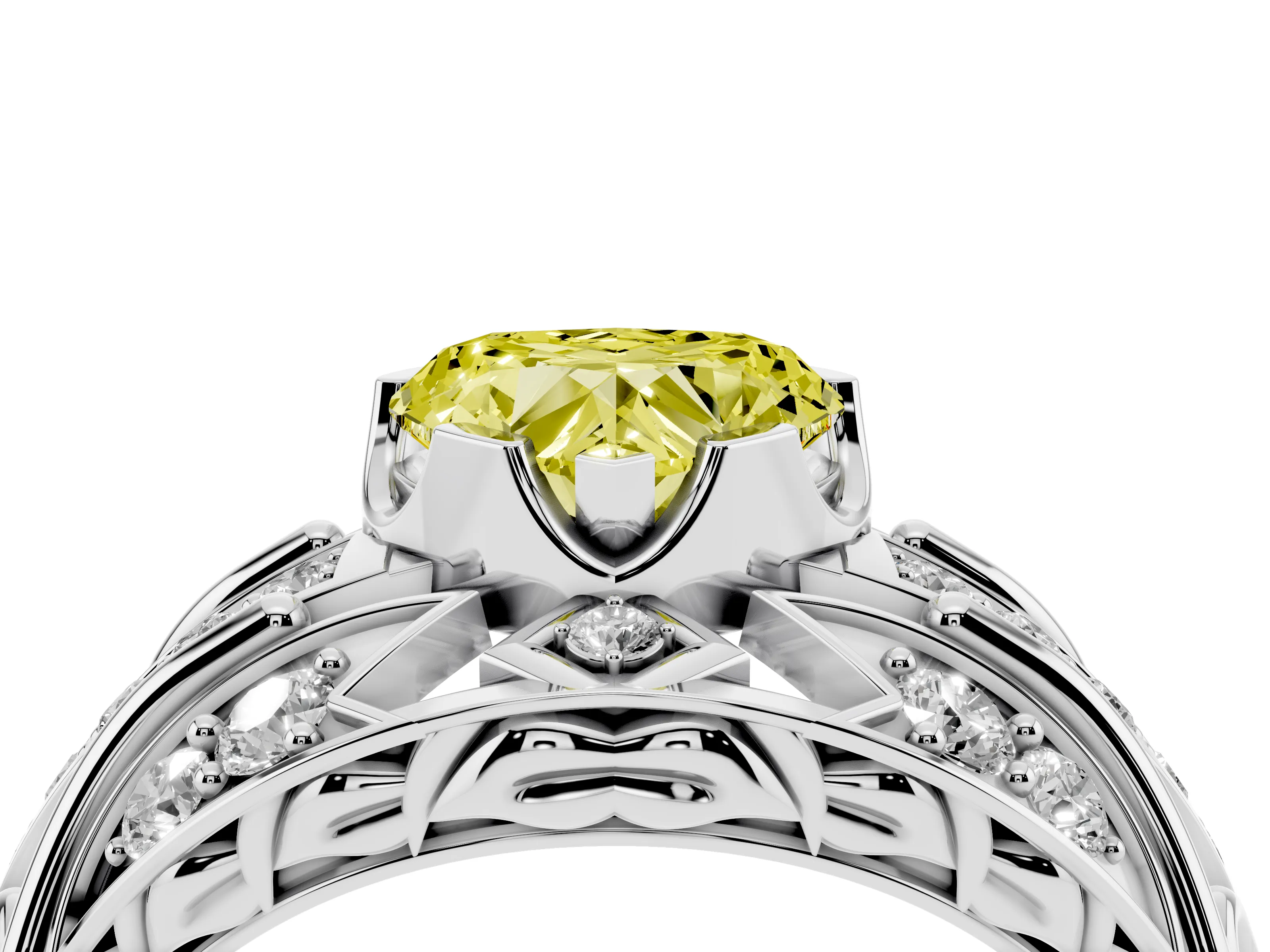Fancy Yellow Heart Cut Diamond Art Deco Ring Set in Platinum with Pavé Split Shank