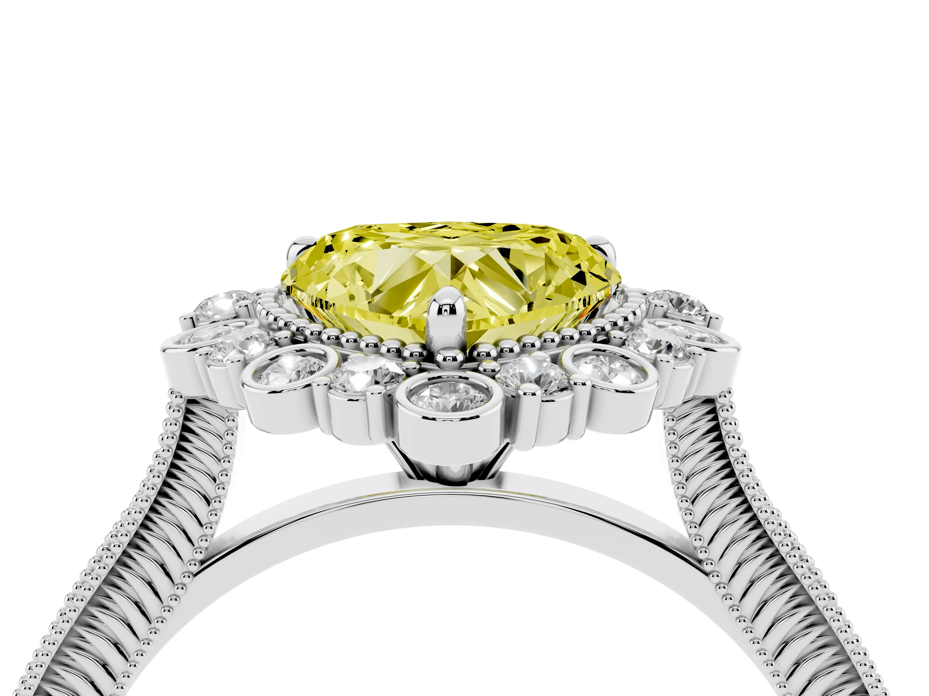 Fancy Yellow Heart Cut Diamond Halo Milgrain Pavé Ring Set in White gold with Prong Setting